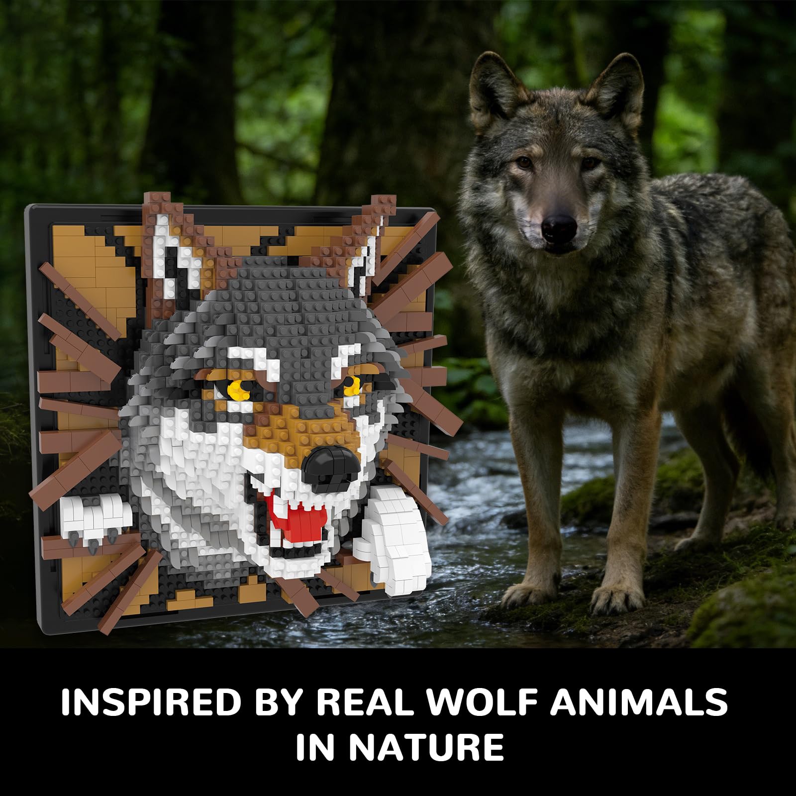 Wilk, zwierzę, sztuka ścienna 3D, zestaw mikroklocków, unikalna dekoracja ścienna do domu lub ekspozycja stołu, idealna zabawka na prezent dla dorosłych i chłopców, dziewcząt w wieku 14+