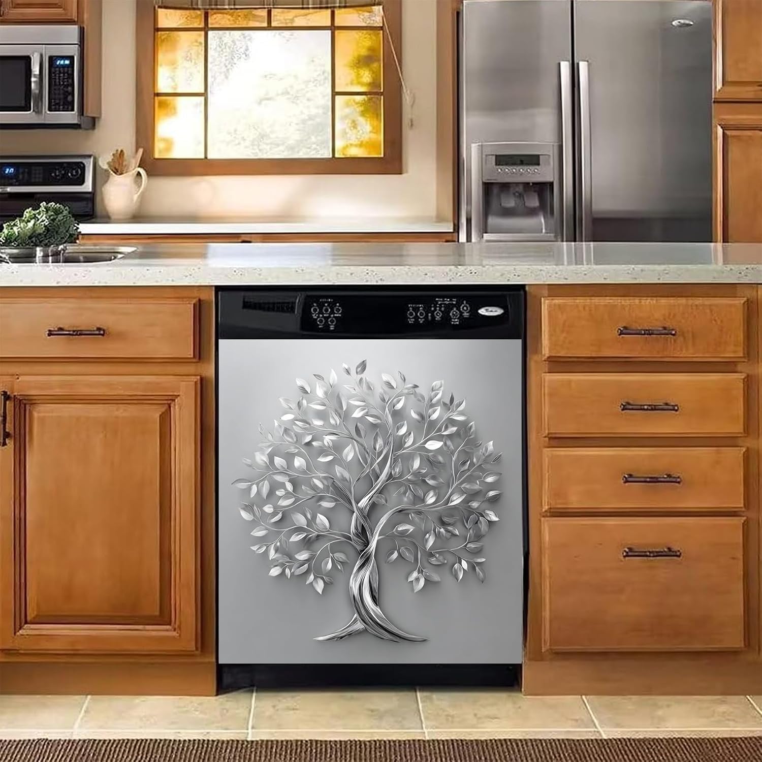 BVBOX Dishwasher Magnet Cover 23"x26", Reusable Magnetic Refrigerator Covers, Decorative Magnets Cover Fridge Door Skin Panel Stickers for Home Kitchen Appliance (Silver Tree of Life, 23"x26") image 3