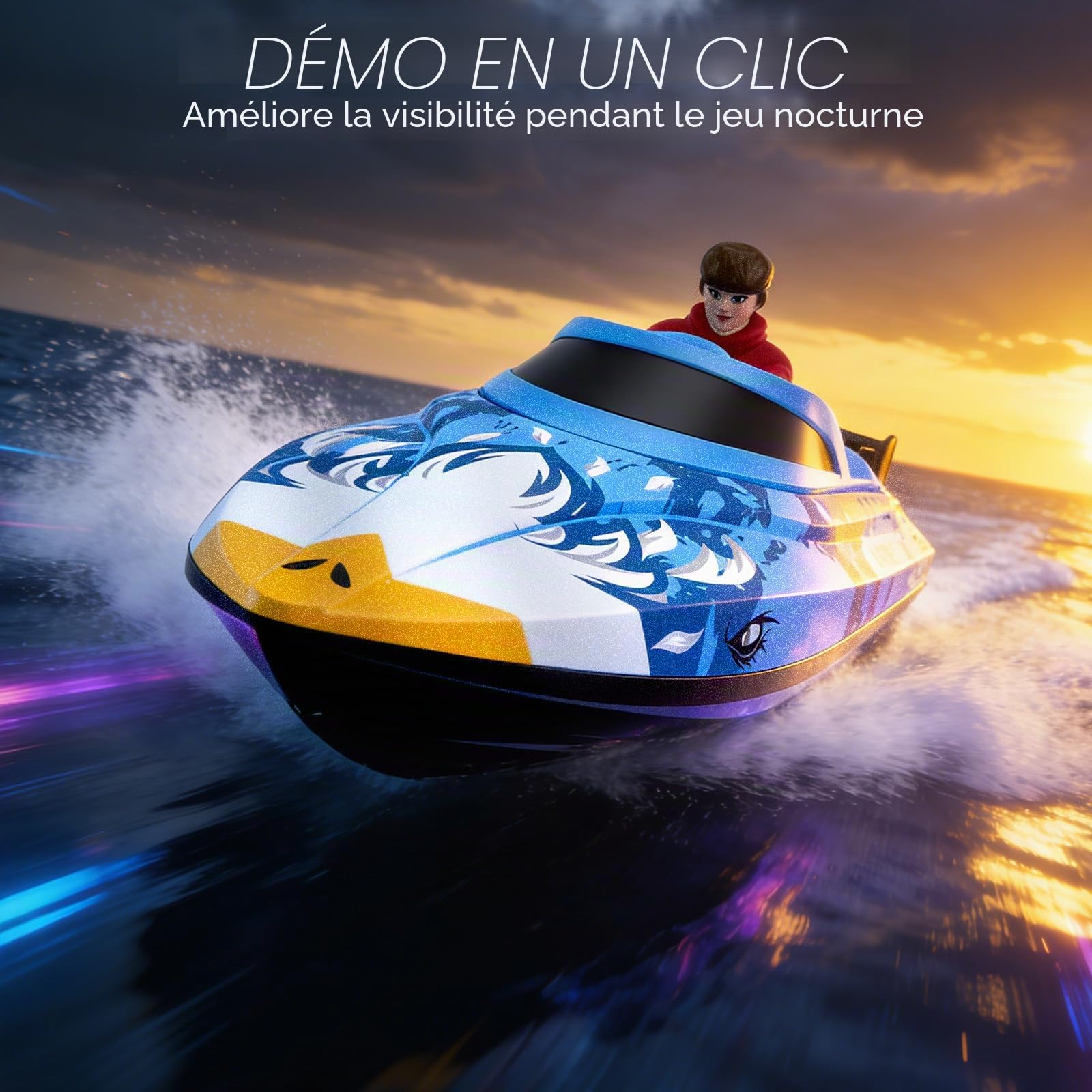 Bateau Télécommandé RC 25 km/h - Télécommande 2,4 GHz avec Portée 120m - Bateau Rapide Étanche avec LED & Fonction Flip - 2 Batteries & Refroidissement Eau pour Piscine Lac Adultes Enfants, Bleu