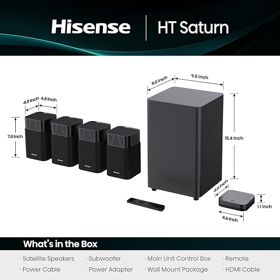 Hisense HT Saturn 4.1.2ch Soundbar with Wireless Subwoofer, Dolby Atmos, DTS:X, Bluetooth 5.3, EzPlay, 4K HDMI Pass Through, Roku TV Ready, HDMI/AUX/ARC/Optical/USB, 5 EQ Modes, Hi Concerto