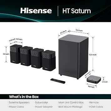 Hisense HT Saturn 4.1.2ch Soundbar with Wireless Subwoofer, Dolby Atmos, DTS:X, Bluetooth 5.3, EzPlay, 4K HDMI Pass Through, Roku TV Ready, HDMI/AUX/ARC/Optical/USB, 5 EQ Modes, Hi Concerto