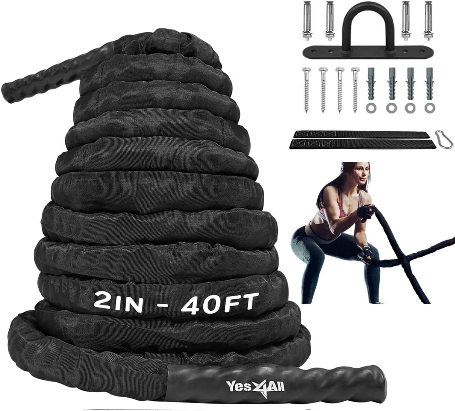 9M / 12M / 15M Battle Ropes with Cover, Battling Rope for Fitness Training Gym, Heavy Exercise Ropes 38mm / 50mm, Heavy Ropes for Strength Workout