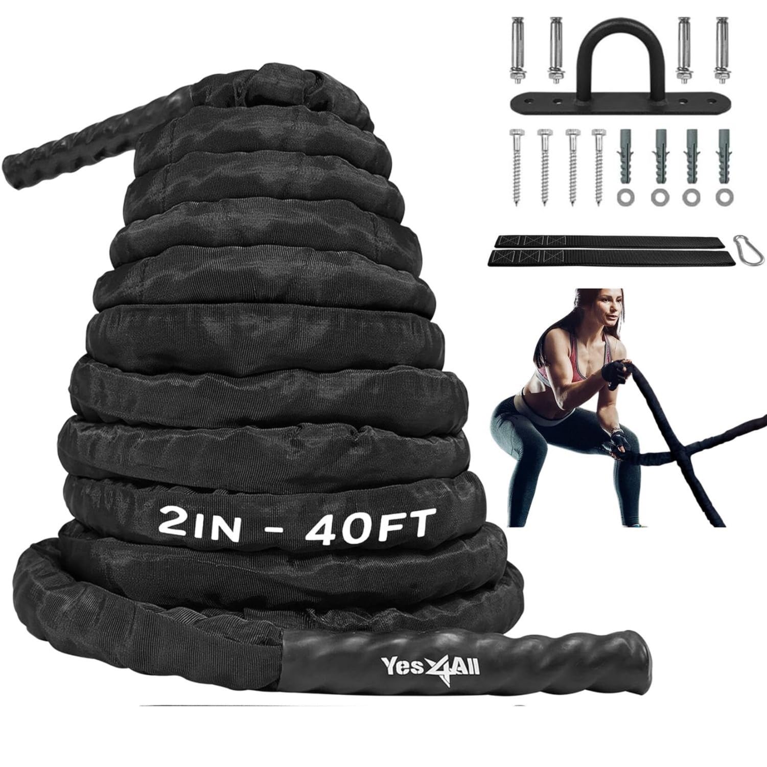 Yes4All9M / 12M / 15M Battle Ropes with Cover, Battling Rope for Fitness Training Gym, Heavy Exercise Ropes 38mm / 50mm, Heavy Ropes for Strength Workout