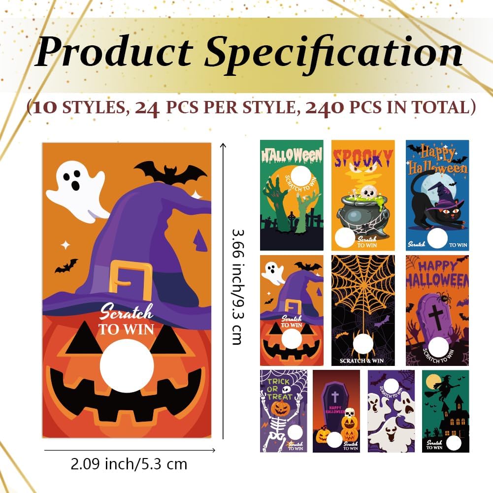 PLIGREAT 240 Pcs Halloween Scratch Off Cards, Pumpkin Lantern Ghost Cat Blank Card with 240 Scratch Stickers DIY Blank Gift Certificates for Small Business Adults