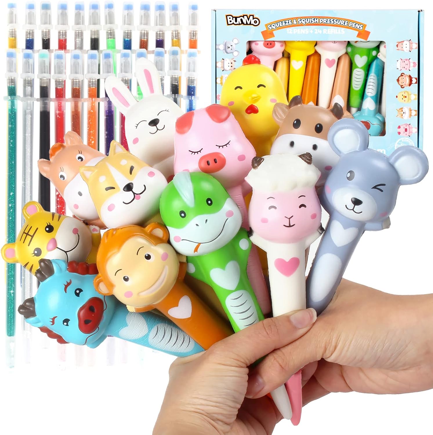 BunMo Squishy Pens 12pk | Cute & Fun Pens for Kids | Hours of Creative Fun | Perfect for Stress Relief | Kids Stationary & Pens for Girls | Party Favors for Kids | Tween Girls Toys