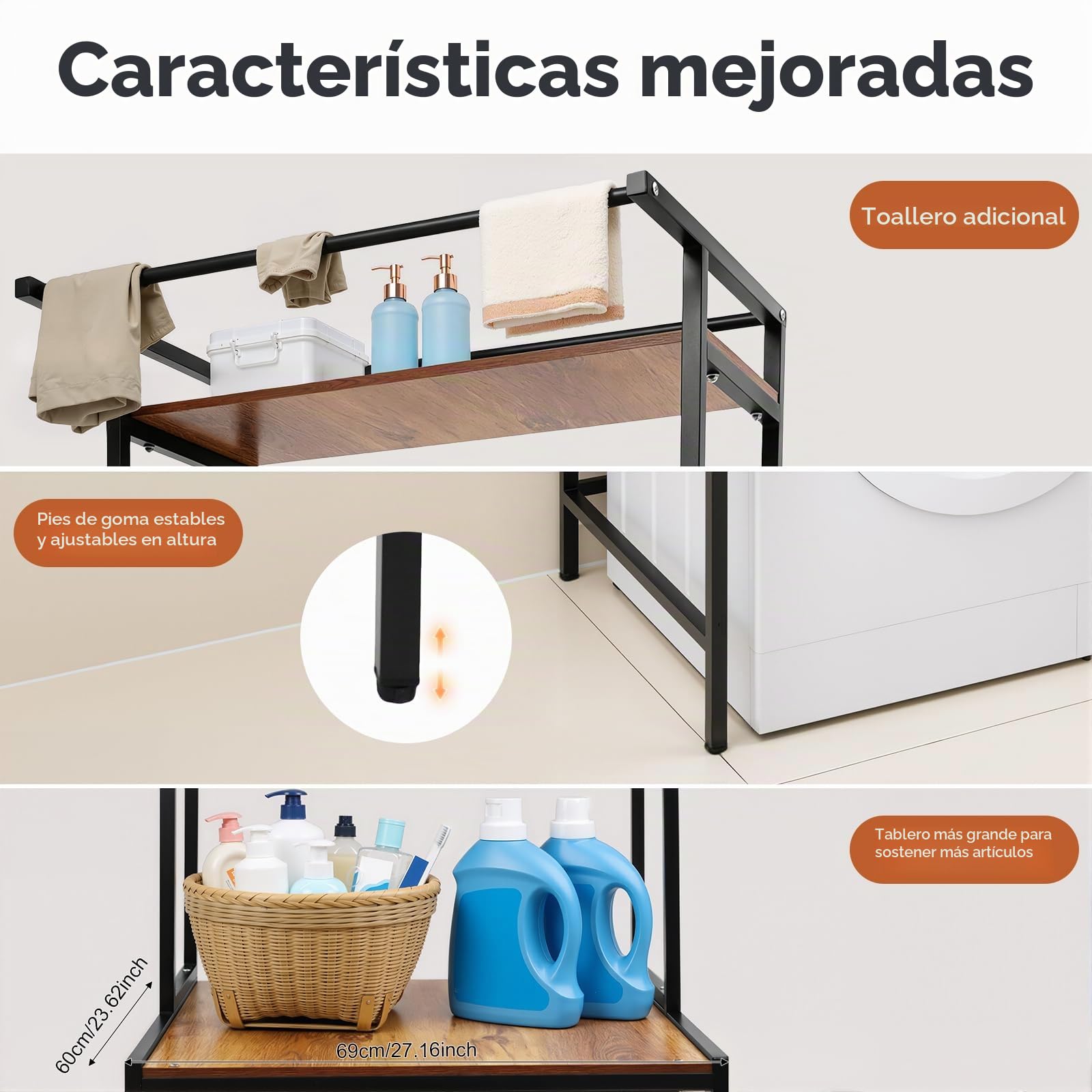 Estante para lavadora y secadora con 3 niveles, estante para lavadora, estantes para lavadoras, cubiertas protectoras, amplio espacio de almacenamiento, para baño, lavandería, balcones