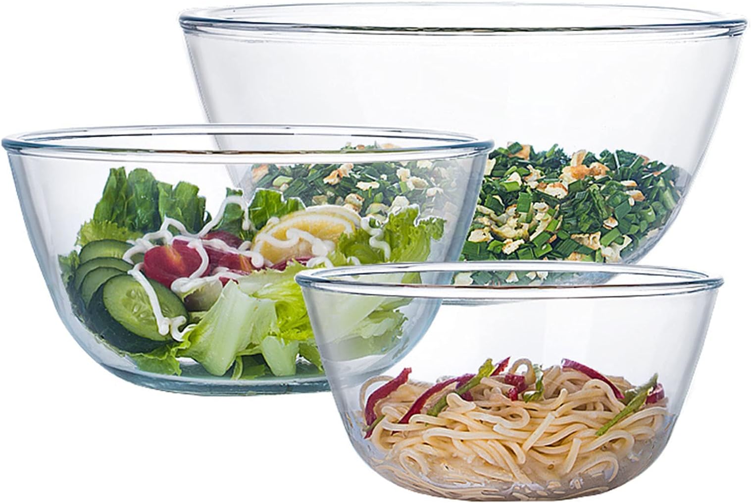 Homwin Glass Mixing Bowl Set of 3 for Kitchen, Baking, Prepping, Serving, Cooking 1.1QT, 2.5QT, 4.2QT Large Salad Bowl Set, High Brosilicate Bowl Set, Stackable, Non-toxic, Microwavable, Great Gift