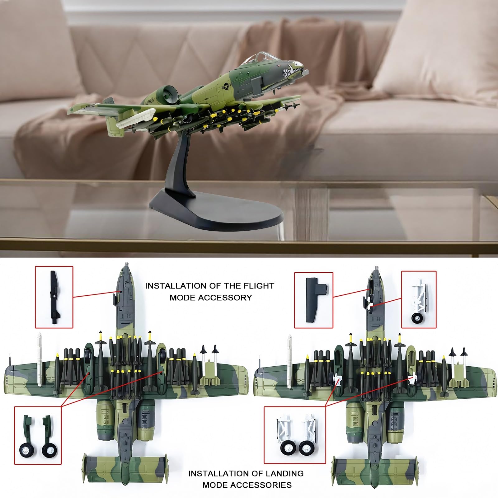 Model myśliwca USAF A-10A Thunderbolt II z odlewu metalowego, wstępnie zmontowany, w kamuflażu, z podstawką, możliwością przełączania trybu lądowania szczegółowymi detalami