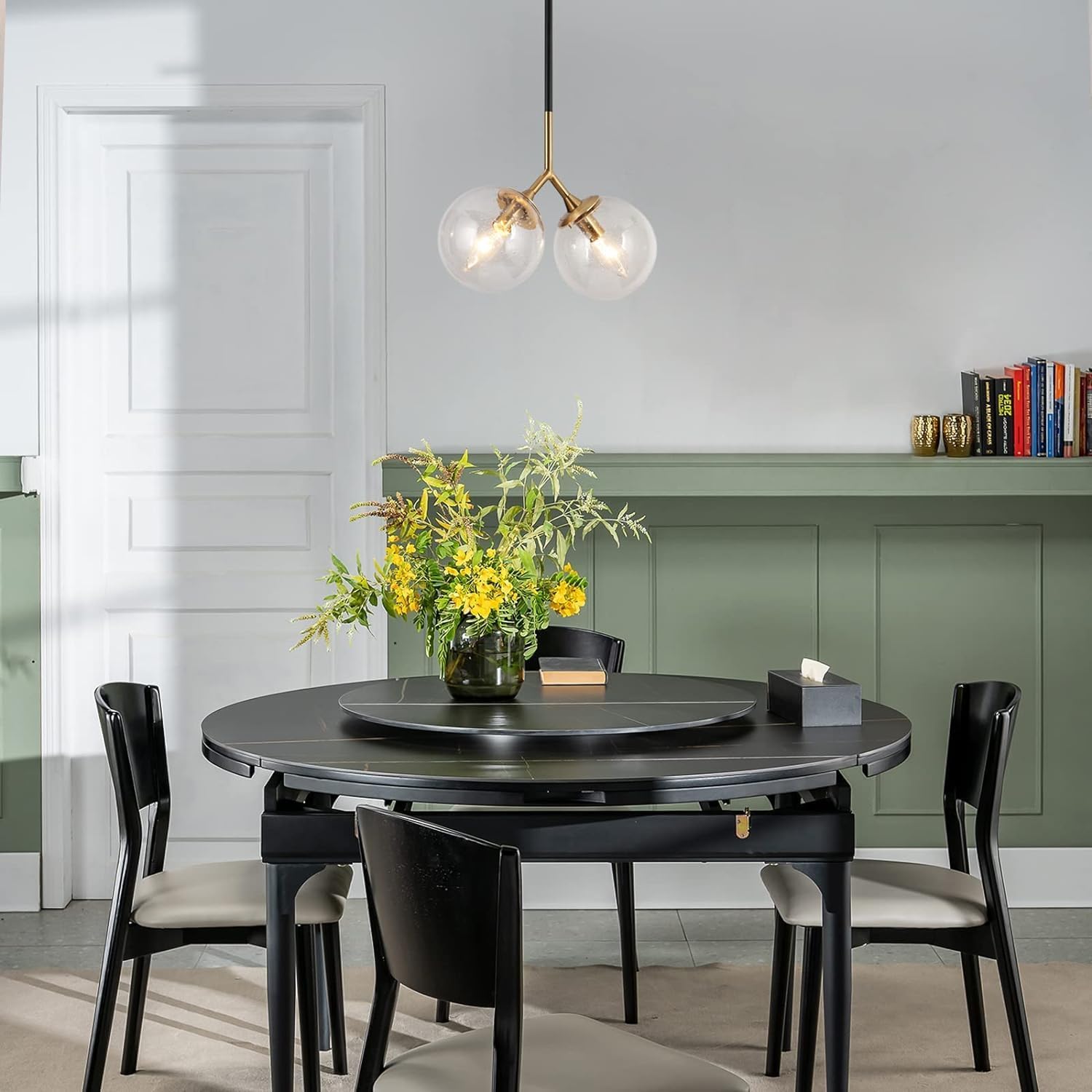 KSANA Black and Gold Pendant Lights, Modern 2-Light Globe Chandelier Lighting Fixture with Seeded Glass Shade and Electroplated Brass Finish for Kitchen Island, Dining Room and Hallway