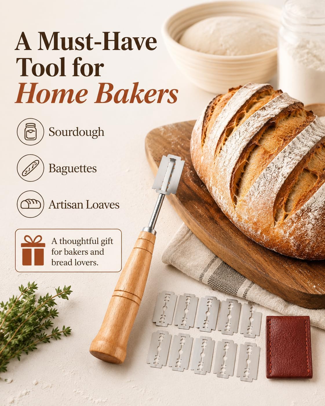 Bread Lame Dough Scoring Knife, Premium Handcrafted Sourdough Bread Slashing Tool with 10 Replacement Blades and Leather Protective Cover for Artisan Bread Baking
