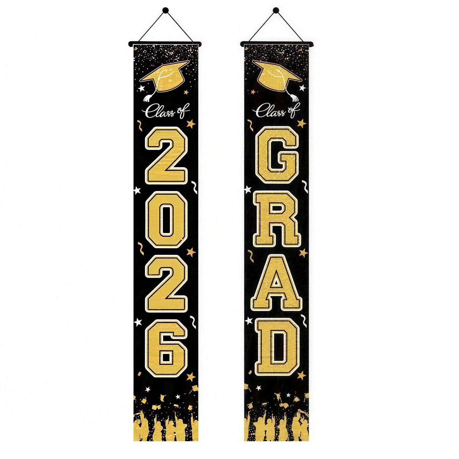 Class of 2026 Graduation Banner, Black Gold 2026 Grad Porch Sign, Graduation Party Decorations Congrats Grad Couplet Door Banner for Indoor Outdoor Home Wall Hanging (180x30cm)