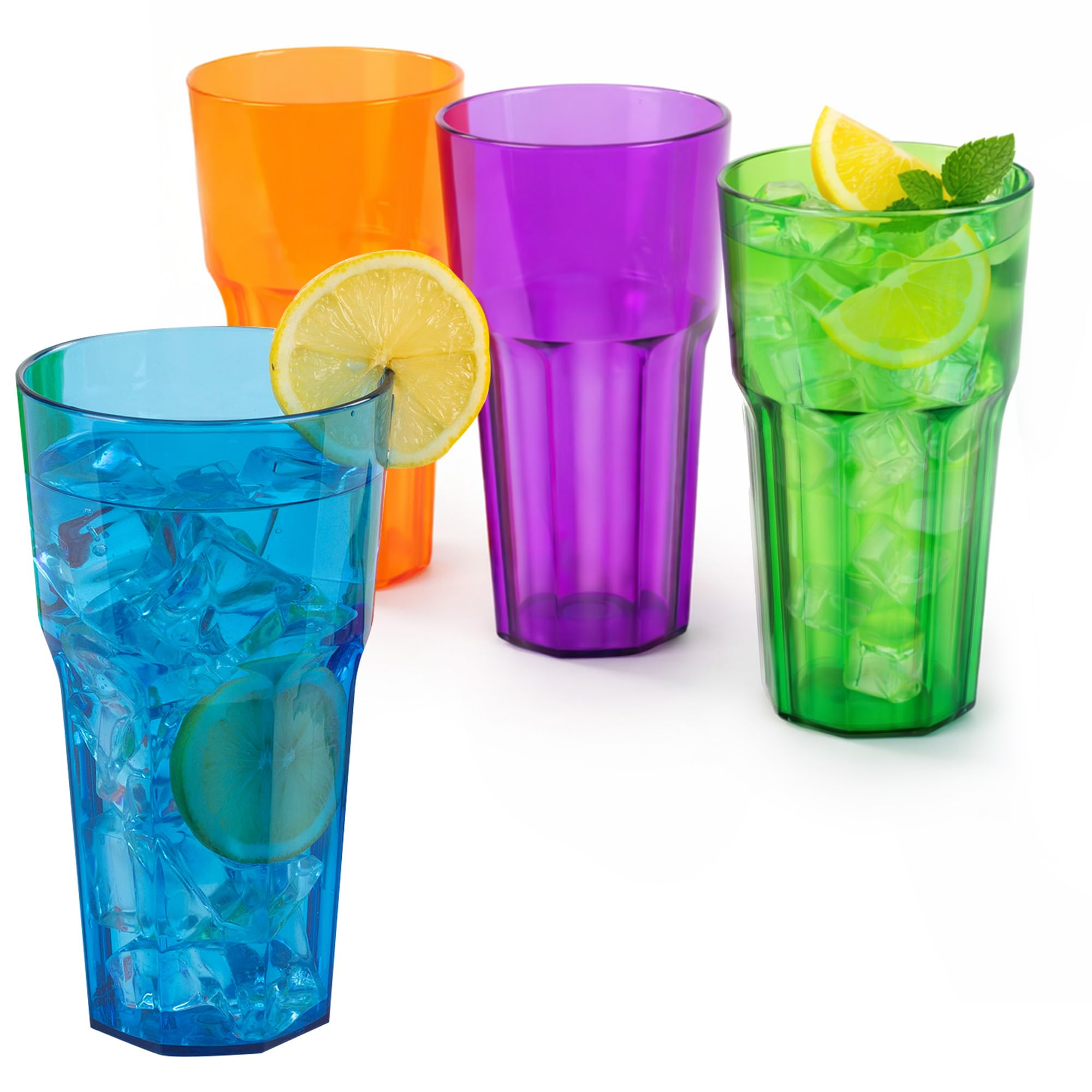 Set of 4 Plastic Tumblers - 600ml Plastic Cups Reusable, Stackable Design, BPA Free, Unbreakable Plastic Glasses - Clear Drinking Tumblers Adults and Kids - Ideal for Picnic, Camping and Party