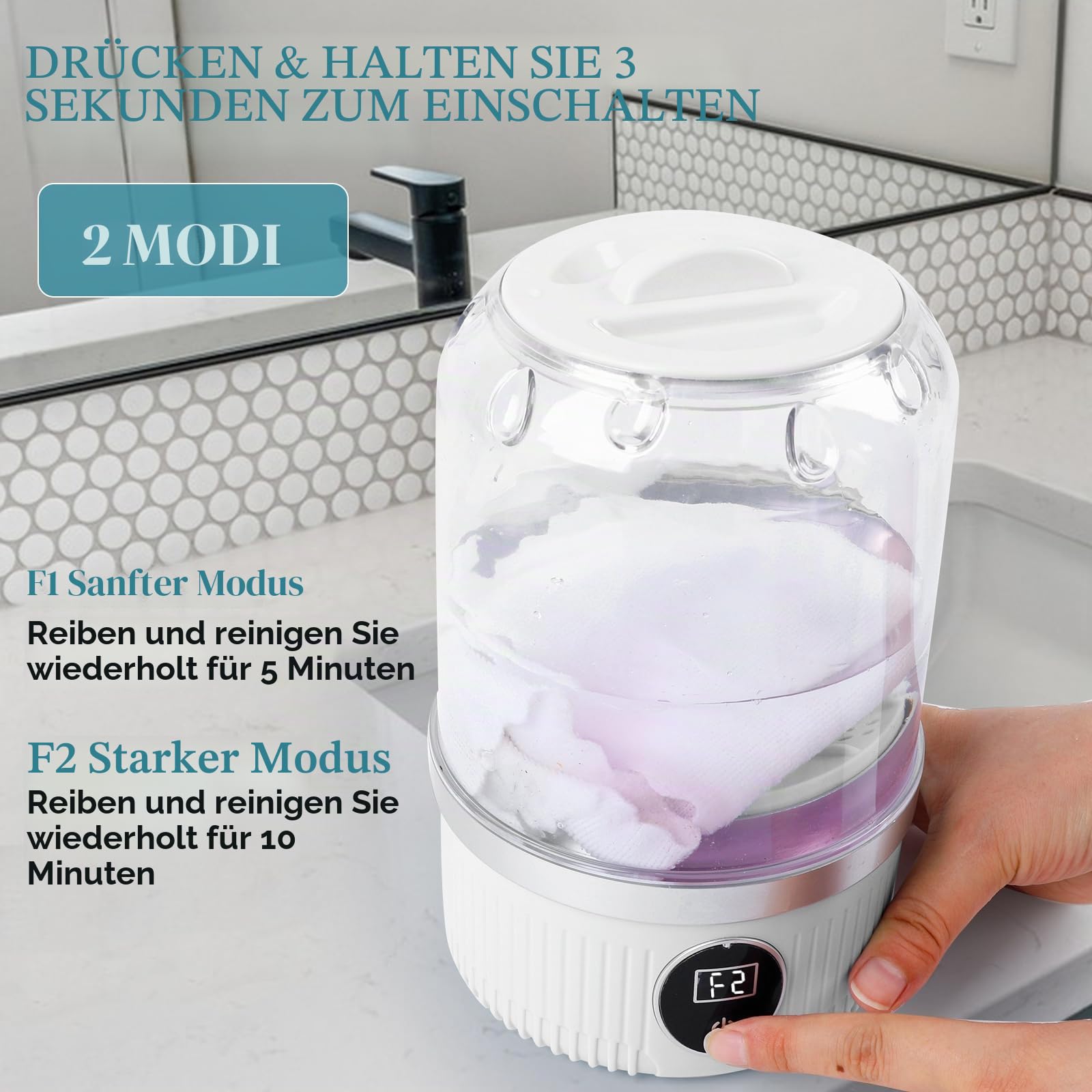 Tragbare Mini-Waschmaschine, Unterwäsche-Waschmaschine, wiederaufladbar, schnurlos, kompakt, 2 Modi, geeignet für BHs, Unterwäsche, Socken für Wohnung, Wohnheim, Hotel, Reisen (weiß)