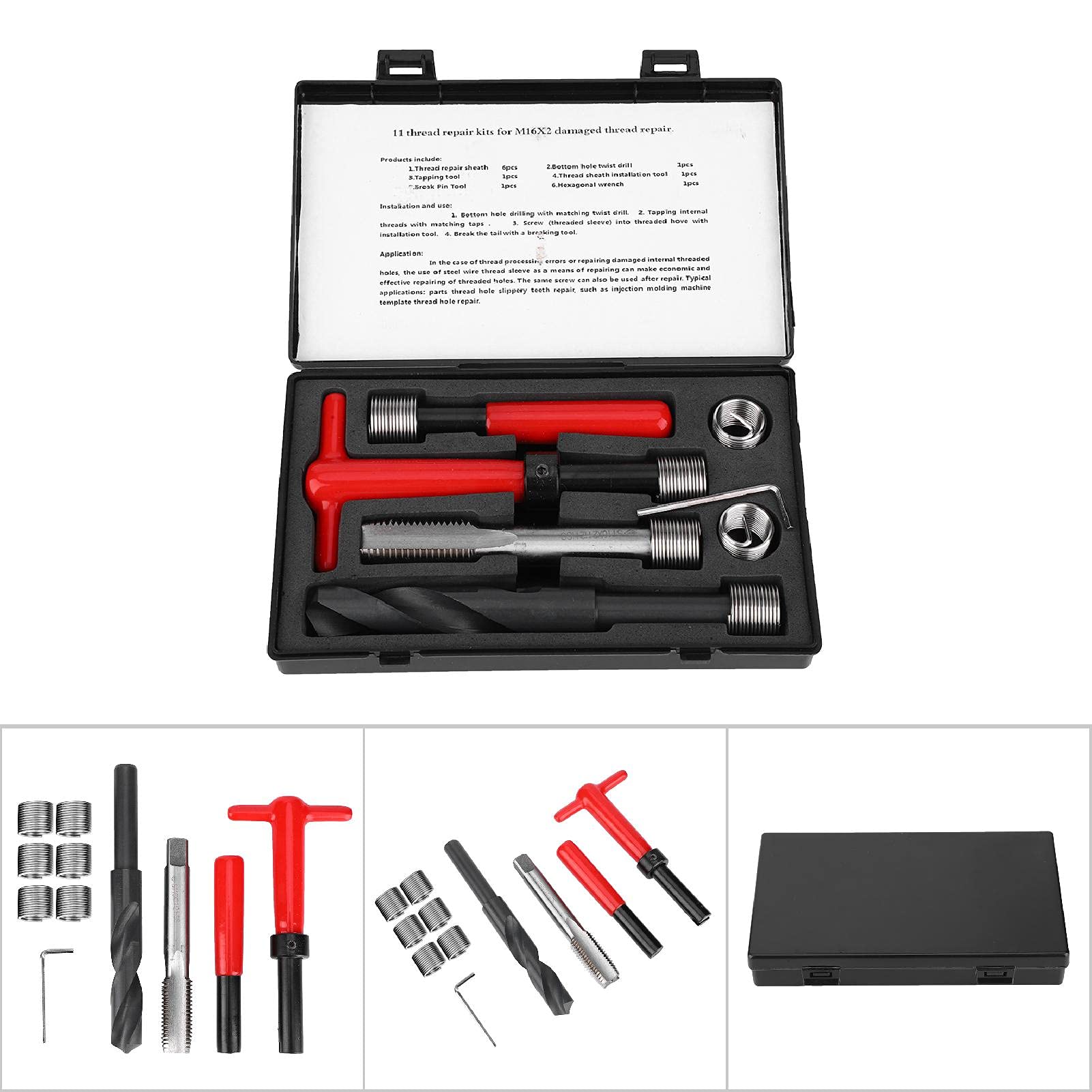 11 Pezzi M16 x 2 Kit di Riparazione Filettatura, Strumento per Inserto Filettato Chiave per Trapano Ritorto in Acciaio Inossidabile per la Riparazione della Filettatura
