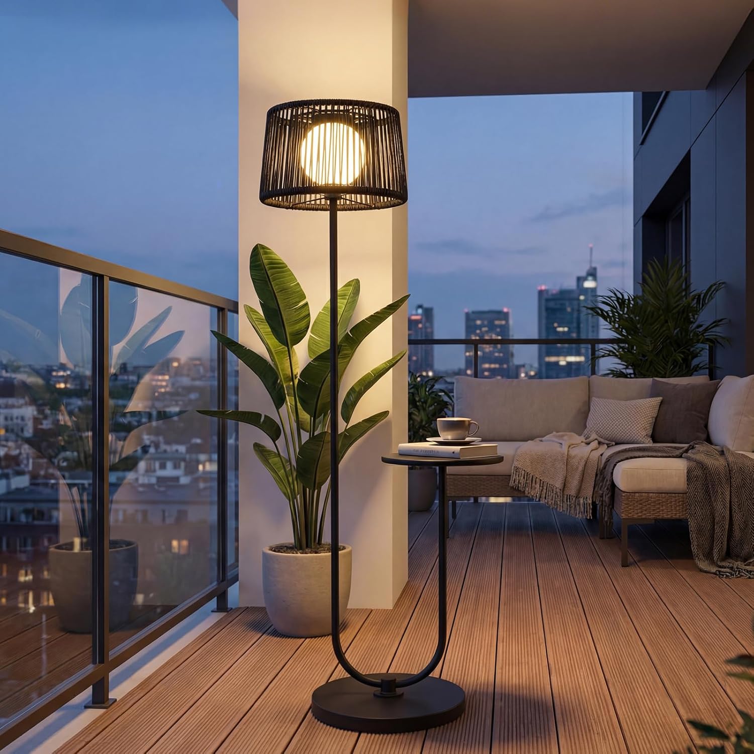 Solar Yard Outdoor Floor Lamp with Side Table, U-Shaped Modern Metal Outdoor Lamp, 3000K Warm White, IP56 Waterproof, Patio Garden Deck Balcony Coffee Table Light, Black