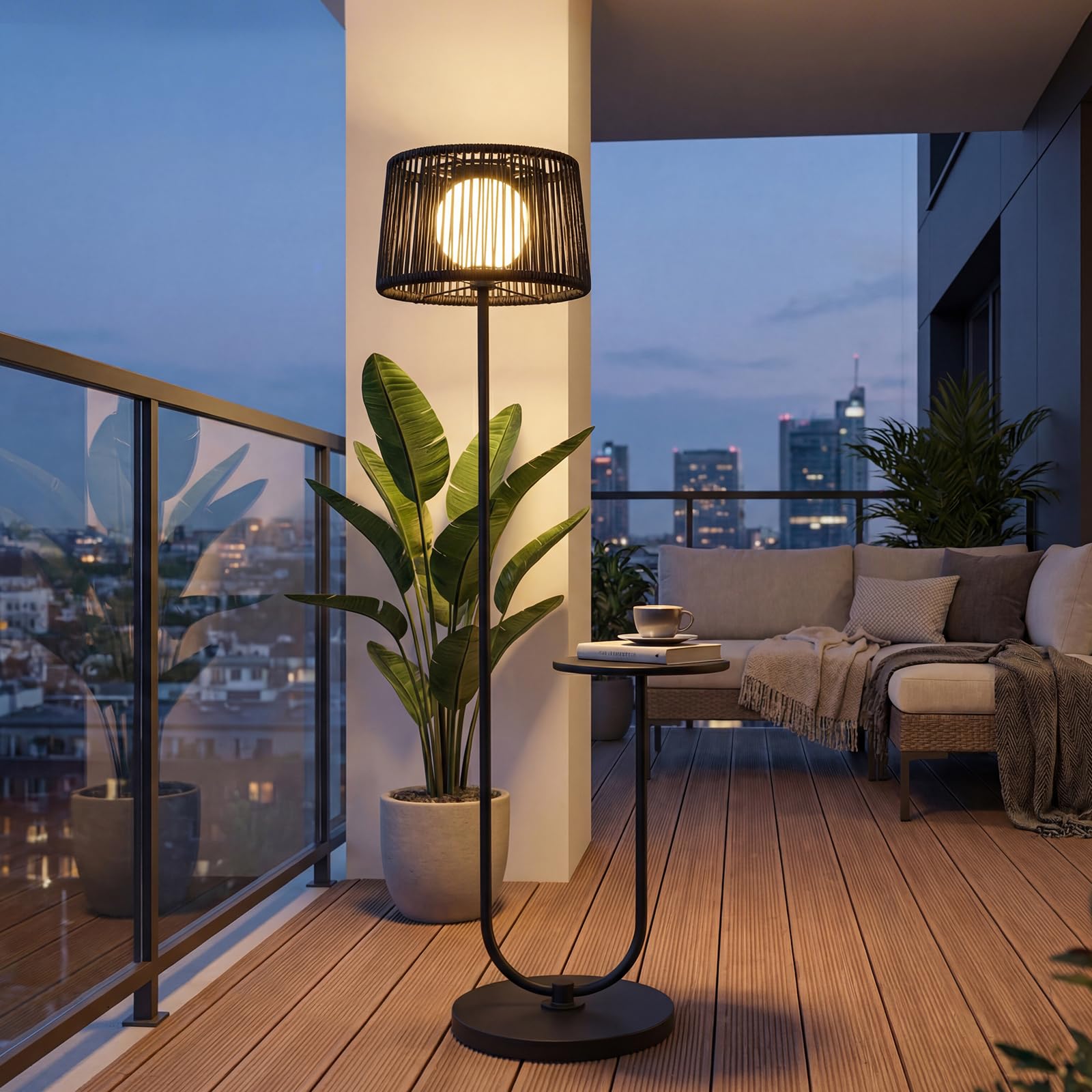 Solar Yard Outdoor Floor Lamp with Side Table U-Shaped Modern Metal Outdoor Lamp 3000K Warm White IP56 Waterproof