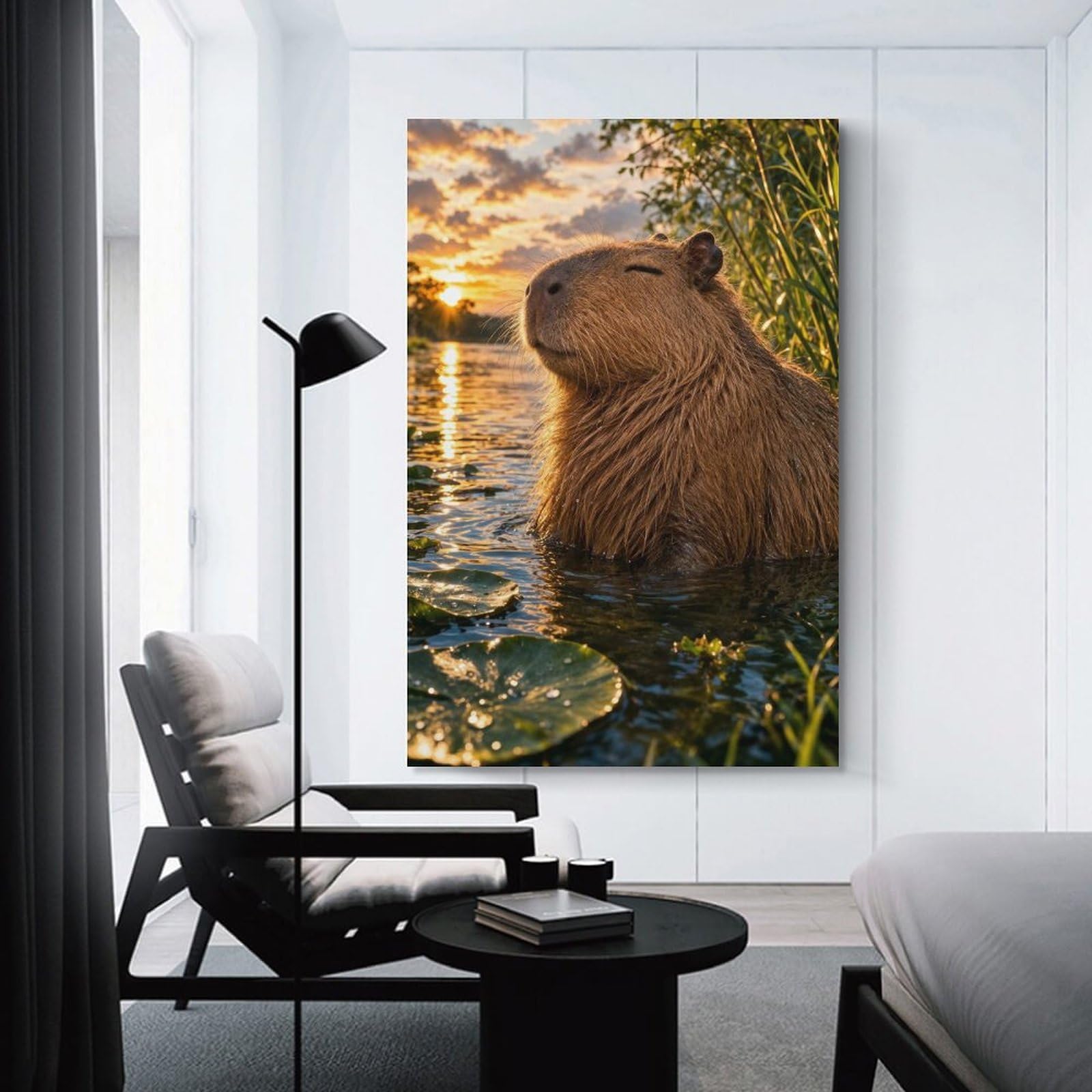 Junmoney Unframe-Style-13 Hanging Wall Art Capybara Enjoying A Sunset In Water, 08X12inch(20X30cm), For Gallery Wall Layouts In Home Or Office, An Easy Match For Collected Prints