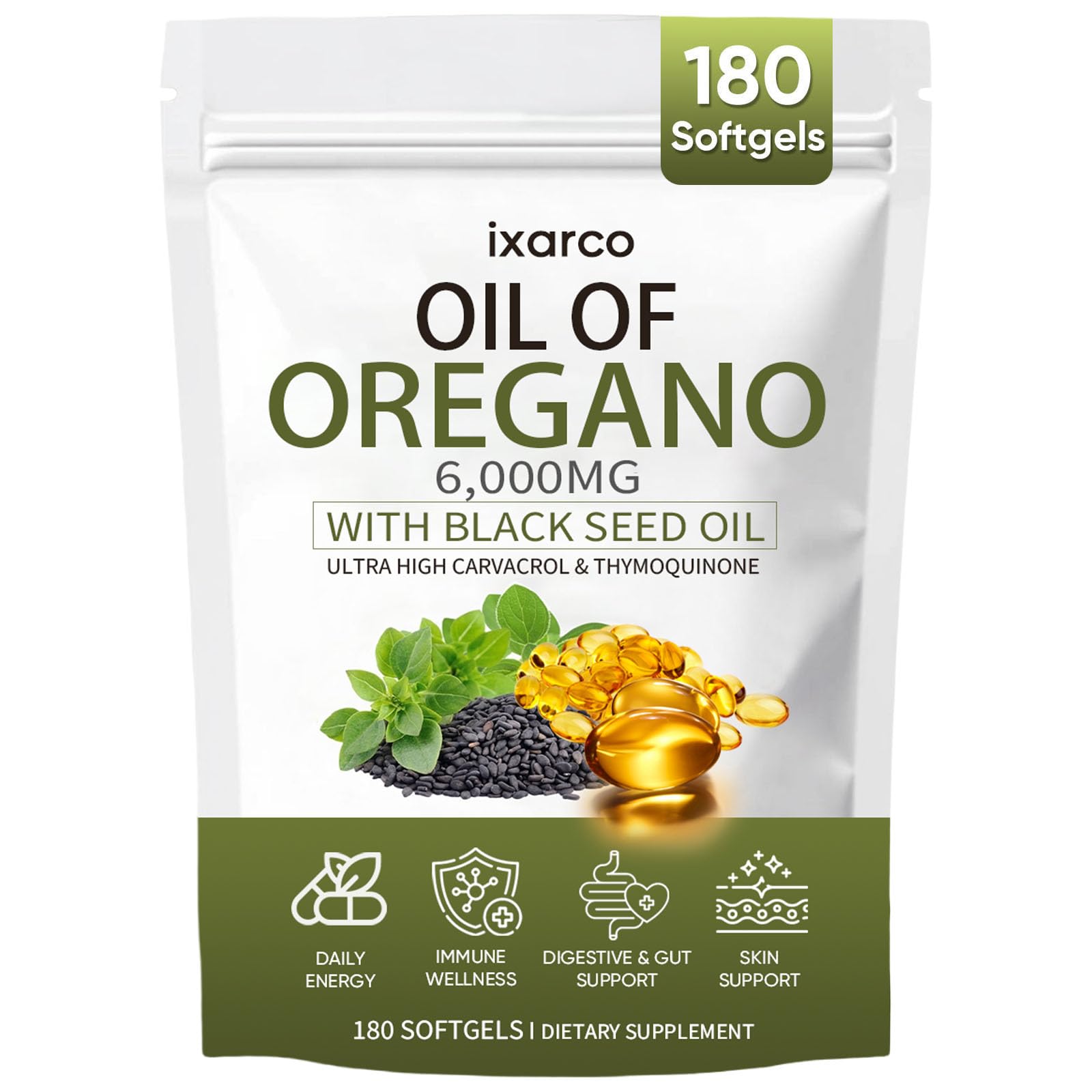 Oil of Oregano with Black Seed Oil, Oregano Oil Supplement for Immune Wellness, Gut & Digestive Health, Daily Energy, Non-GMO, Gluten Free, 180 Softgels (1)