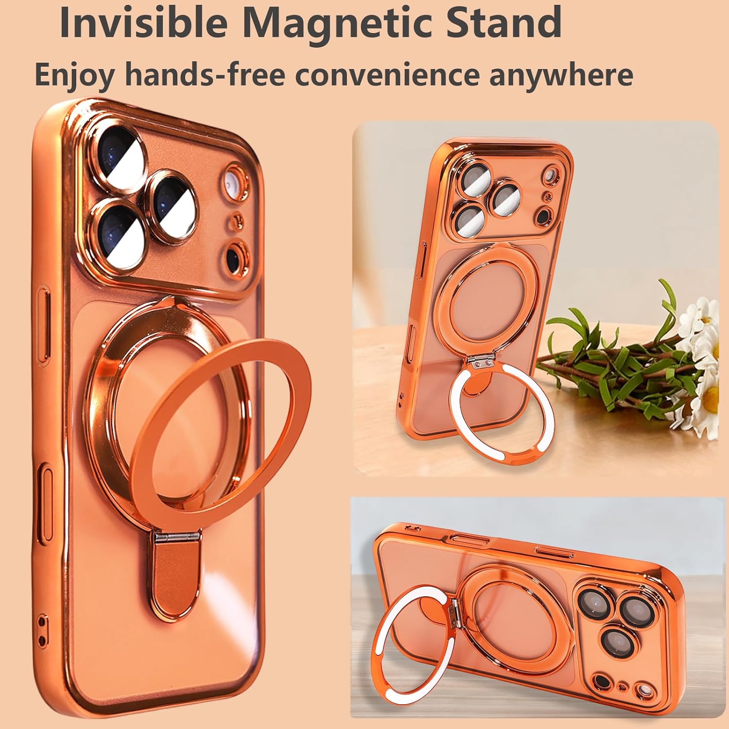 for iPhone 17 Pro Case Magnetic Stand,[Compatible with Magsafe] [Military Protection][Camera Lens Protector] Phone Case Cover for iPhone 17 Pro 6.3" - Orange - Image 4