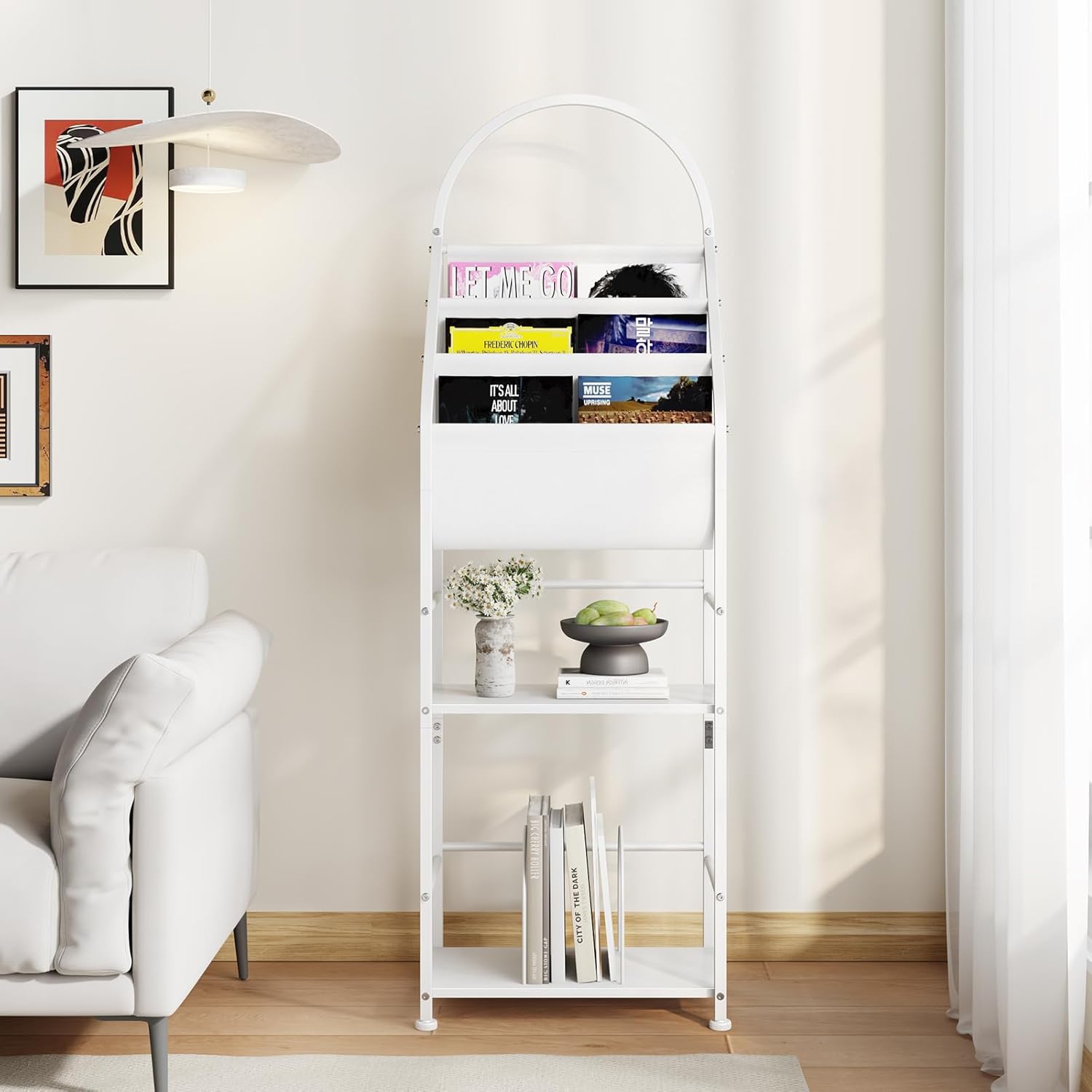 Bookshelf with 3 Tier Vinyl Holder Display Shelf, Record Storage Organizer Rack Cabinet for Book Magazine, Tall Industrial Open Book Shelves with Metal Frame for Living Room (White)