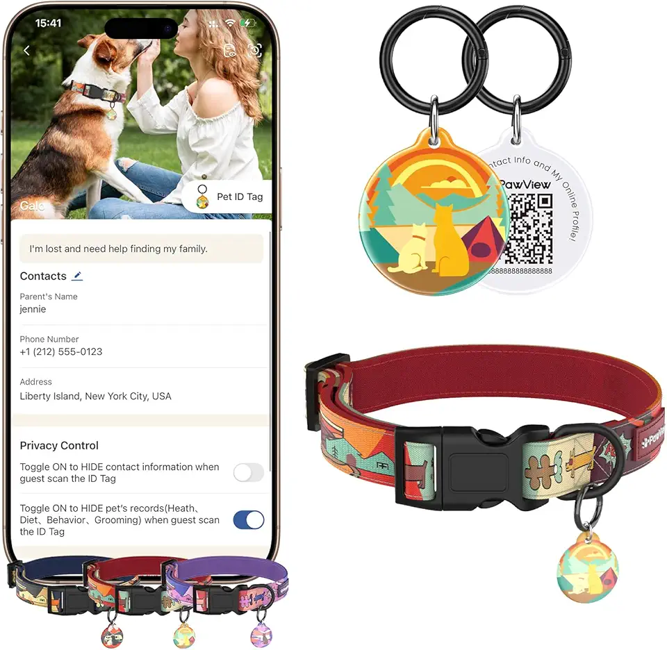 Coleira para Cachorro com Tag ID QR Code, (Aplicativo PawView) Série Tempo, Marinho, Neoprene, XS-L, Sistema de Rastreamento Digital (Nascer, M)