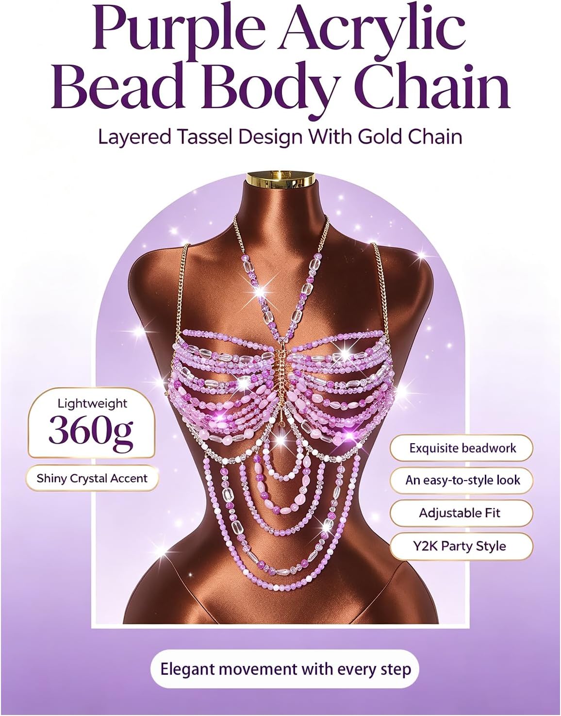 Boho Purple Beaded Body Chain Bra Top Gold Chain Halter Pearl Body Jewelry for Women; Summer Beach, Rave, Festival, and Party Bikini Cover-Up
