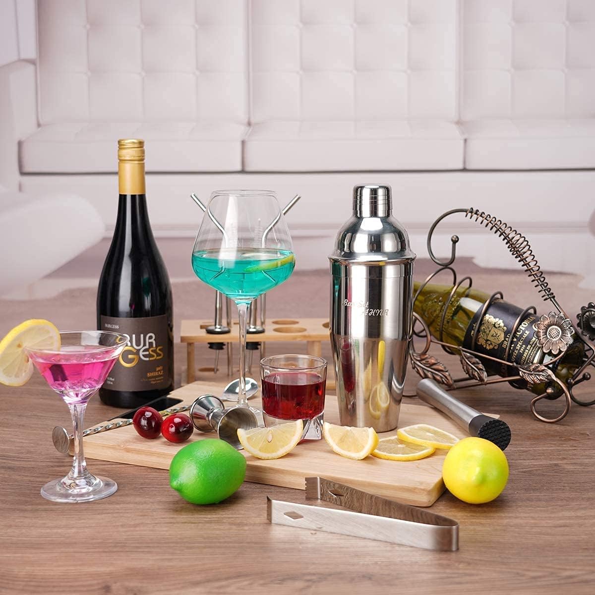 AHNR 14-Piece Cocktail Shaker Set Bartender Kit with Stand, Bar Kit Drink Mixer Set for Drink Mixing - Bar Tools: Martini Shaker, Jigger, Strainer, Mixer Spoon, Muddler, Tongs, More