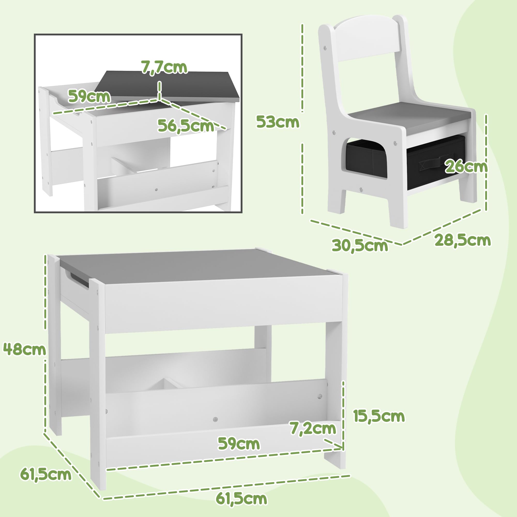 HOMCOM Ensemble 3 pièces Table et 2 chaises pour Enfant avec Plateau Table réversible Tableau Noir, Panier de Rangement, étagères Gris