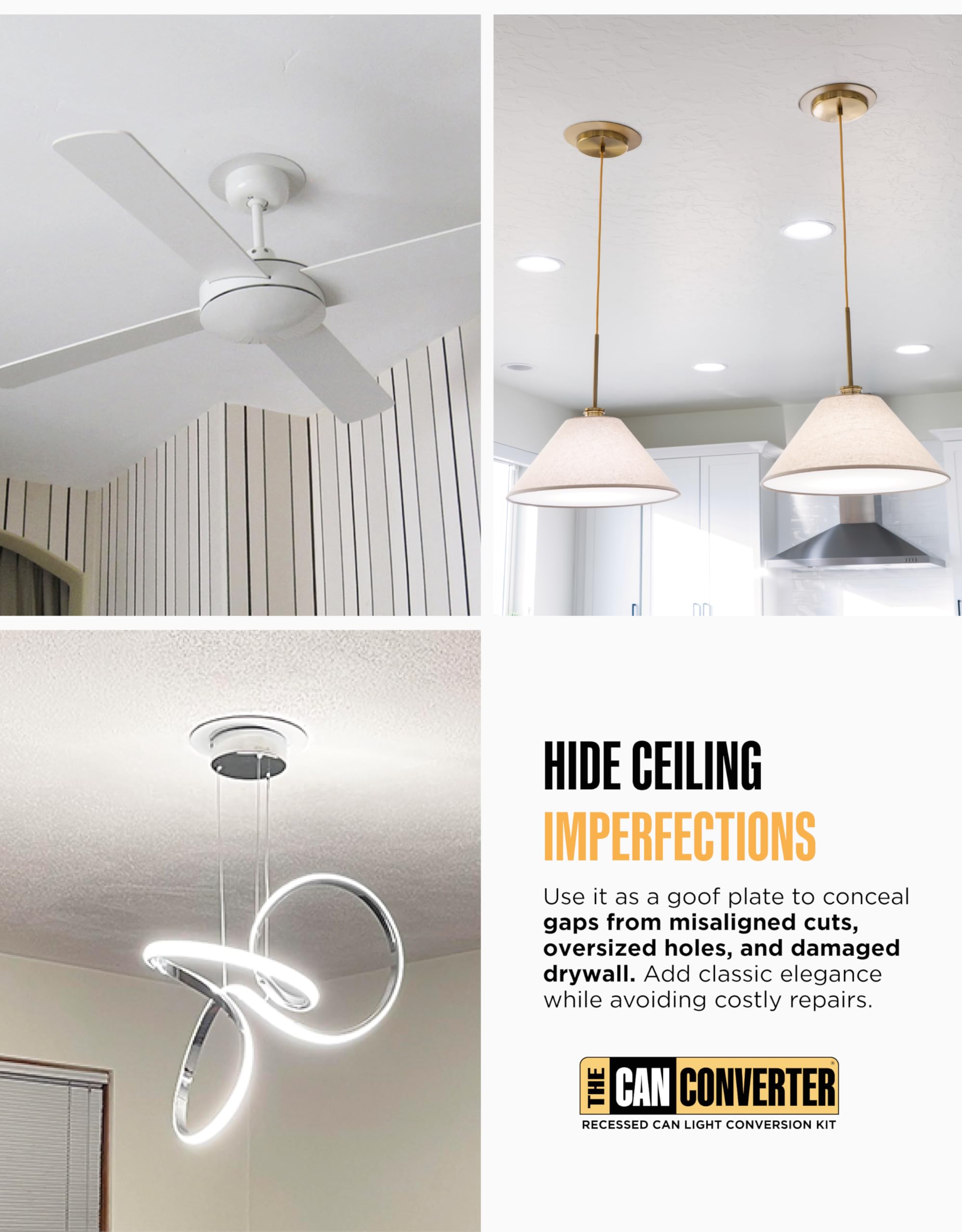 The Can Converter Ceiling Medallion for Recessed Can Light – Home Improvement Decorative Steel Flat Goof Ring & Cover Plate for 5" & 6" Cans, Small Ceiling Medallion for Chandeliers & Pendants, White — Amazon image 2