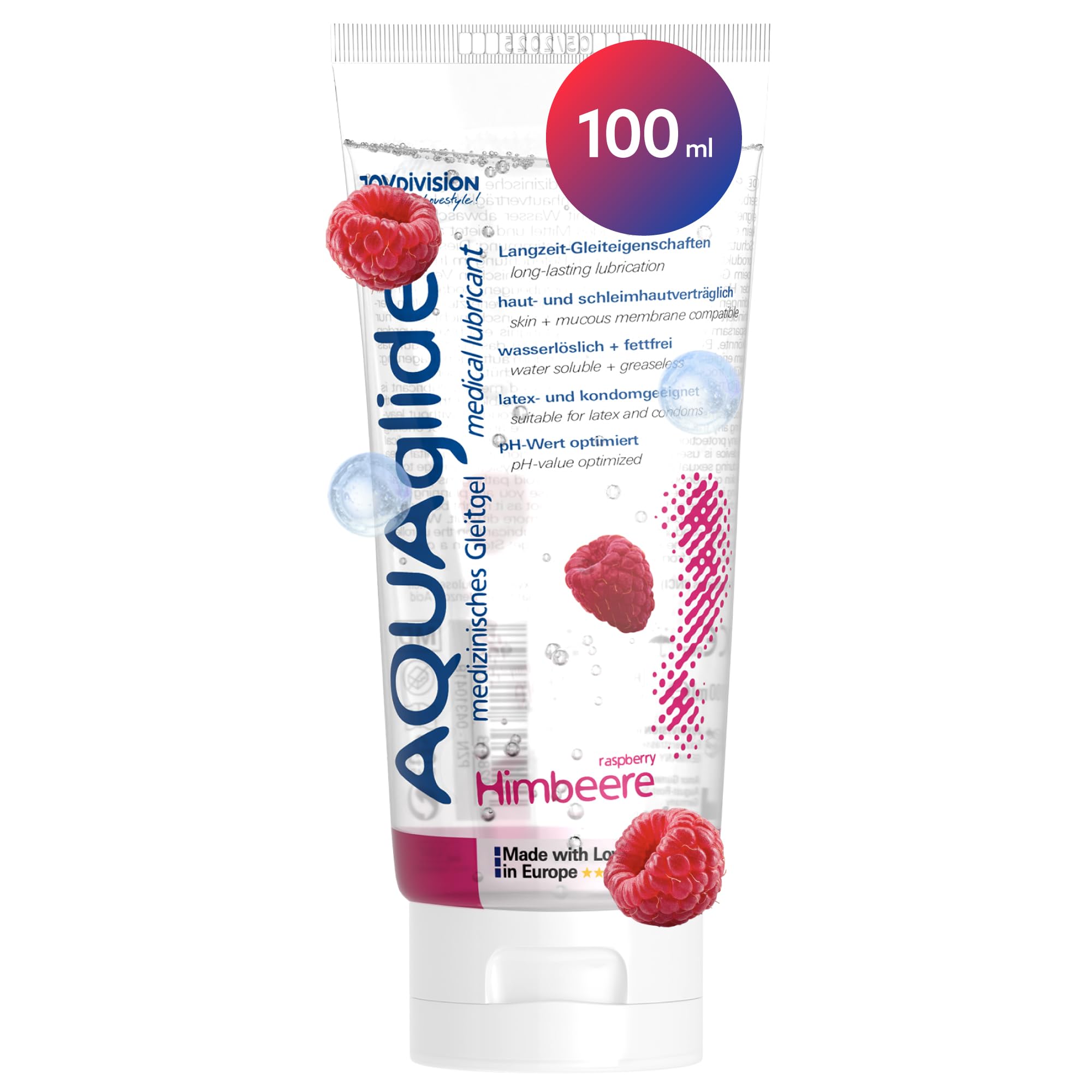 Joydivision AQUAglide Raspberry Lubricant 100ml, Vegan, with a Sensual Scent, Crystal-Clear Lubricant Suitable for Latex Condoms