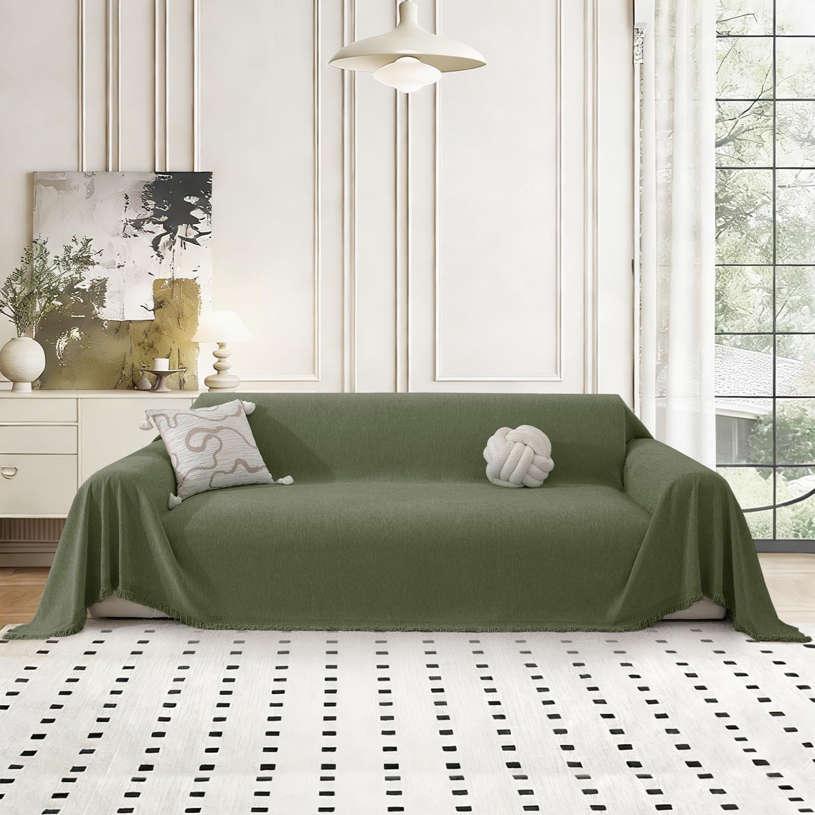 MAXIJIN Chenille Couch Cover for 2 3 4 Seater, Washable L-Shaped Corner Sofa Cover, All-Season Sofa Covers for Dogs, Pet Throw Blankets with Tassel Couch Protector Covers (Sage Green, 180 * 300 cm) โ image 1