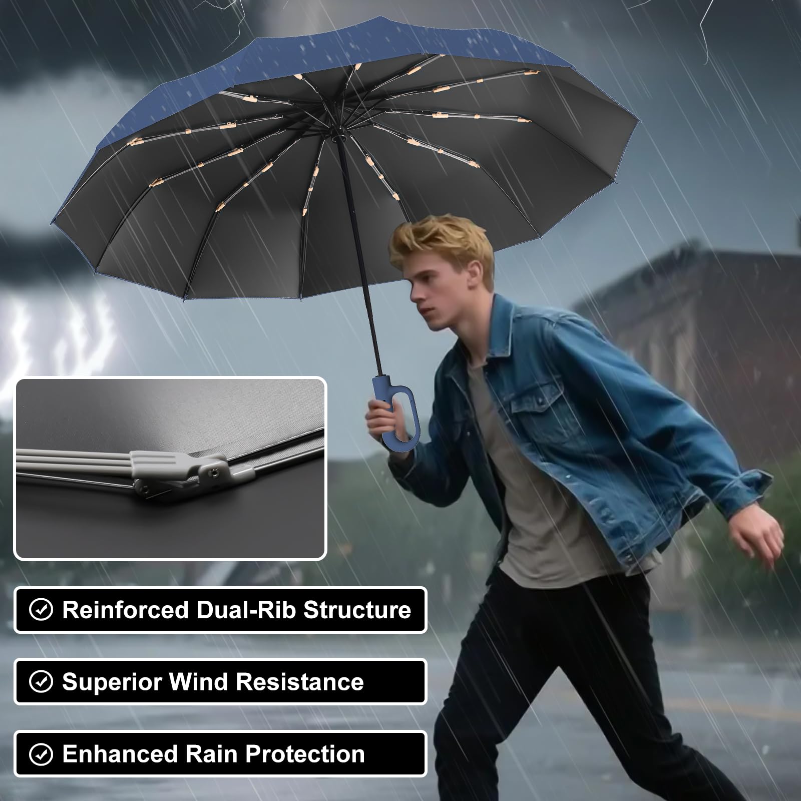 HCQC Parapluie Pliant Automatique Compact – Résistant au Vent et à la Tempête – Léger et Solide – Ouverture et Fermeture Faciles – Parapluie de Voyage pour Homme et Femme