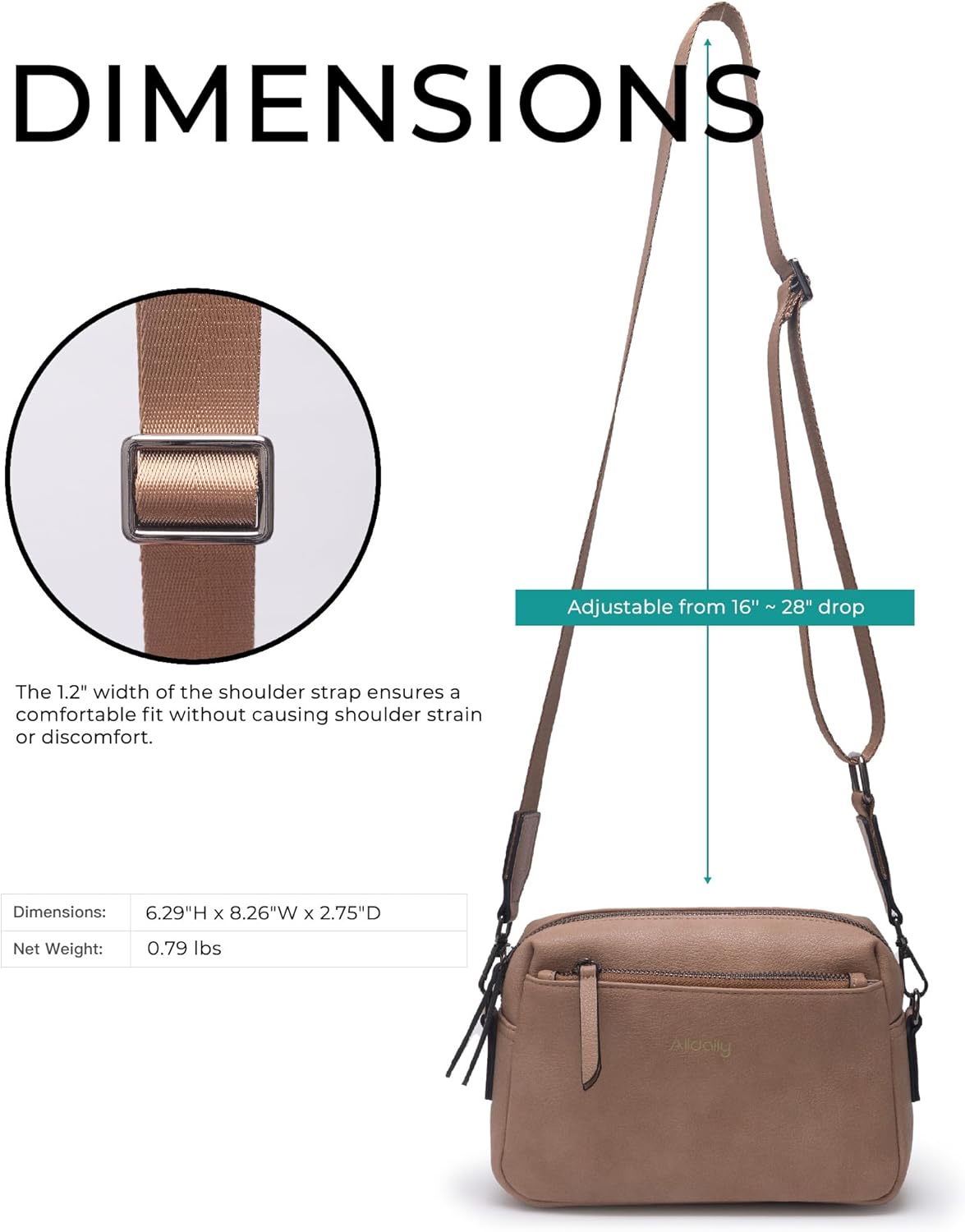 Alldaily Small Triple Zip Crossbody Purse for Women, Vegan Leather Phone Bag with Wide Shoulder Strap - Image 6