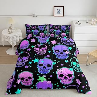 Erosebridal Sugar Skull Comforter Twin Halloween Bedding Trippy Galaxy Bedding Sets & Collections Purple Pink Death Skull Down Comforter 2pcs Psychedelic Stars Bed Set Hippie Room Decor for Kids Teen