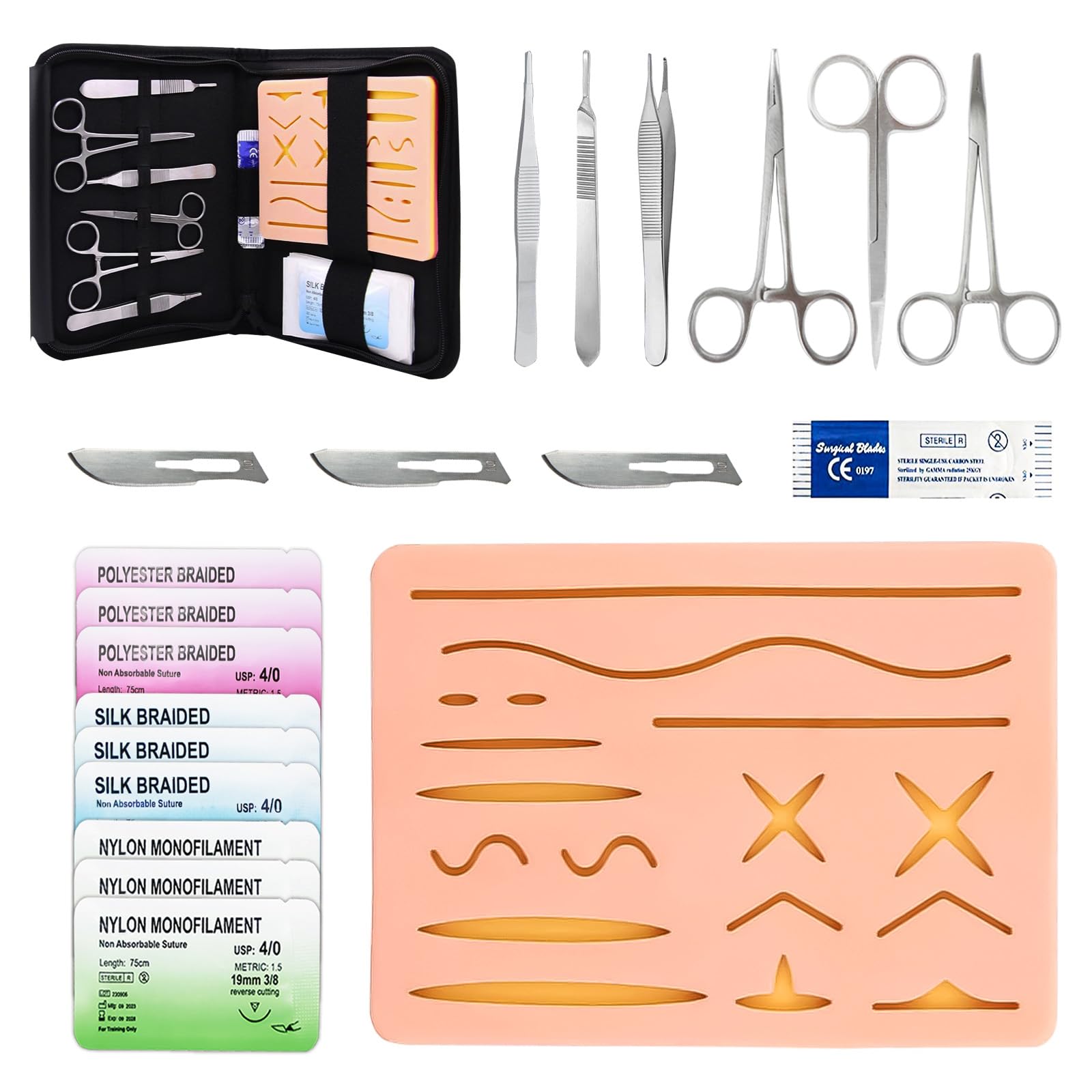 Suture Practice Kit for Students - TopExer Suturing Kit (20 Pieces) with Durable Silicone Suturing Pad Includes 17 Pre-Cut Wounds Suture Tools(Education Use Only)