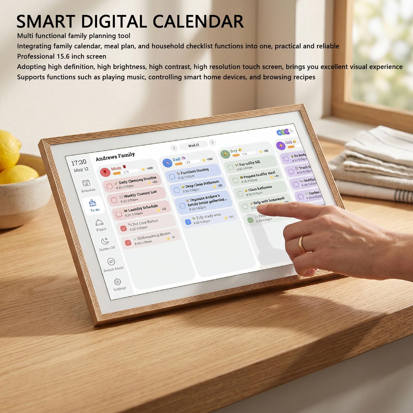 Dpofirs 15,6 Zoll Smart Digitalkalender, Touchscreen Wand Familienplaner mit WLAN Synchronisierung, Interaktiver Aufgabentabelle und Fotorahmen für die Terminverwaltung zu Hause (Europäischer