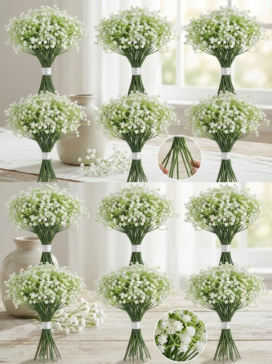 200 PCS Babies Breath Flowers Artificial Bulk, Real Touch White Faux Gypsophila Stems for DIY Wedding Bouquets, Party Centerpieces, Baby Shower, Home Decoration, Realistic Silk Flowers