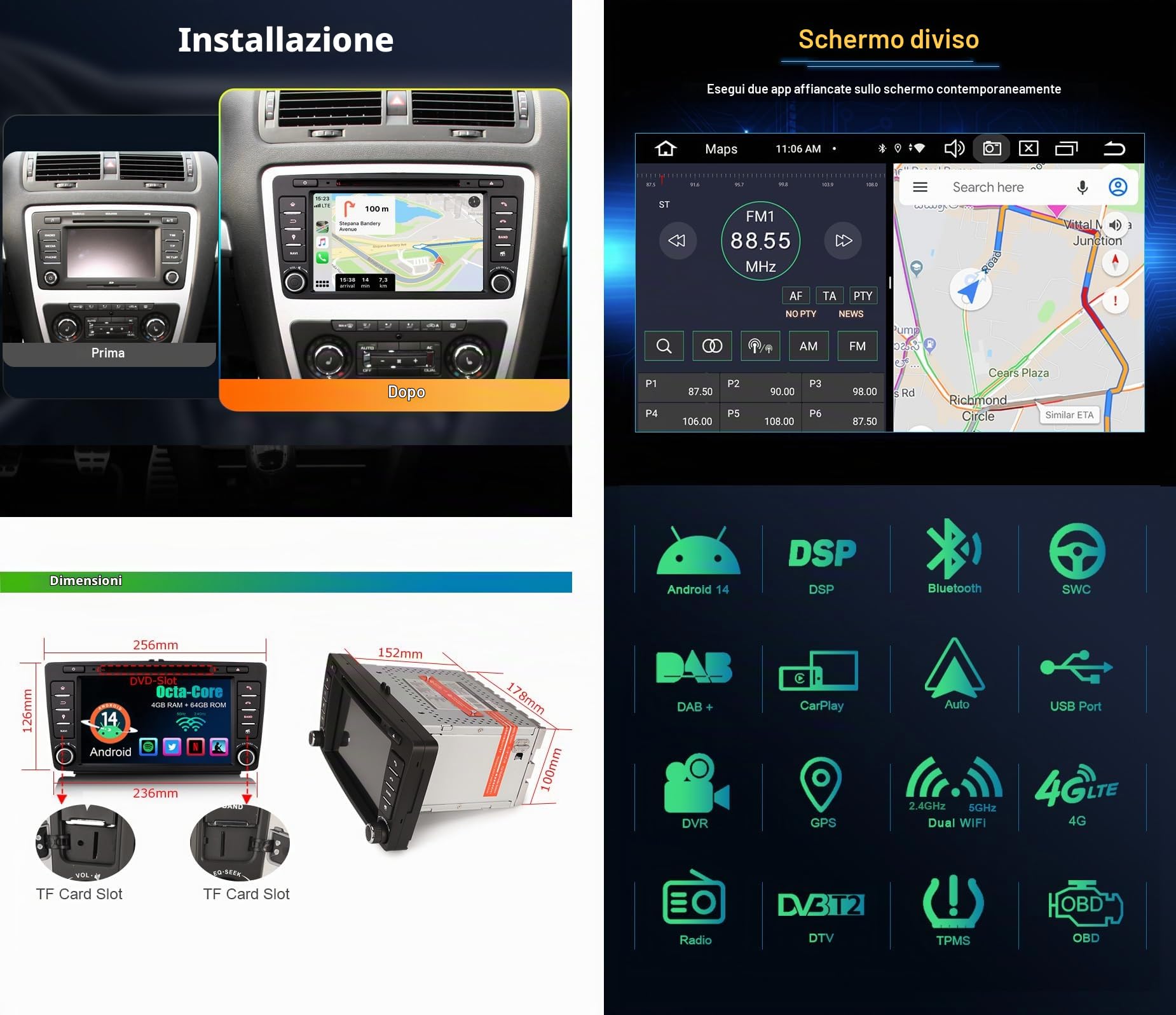 Erisin Android 14 8-Core 4GB+64GB Autoradio GPS Navigatore per Skoda Octavia Yeti Rapid Superb Roomster 8" Lettore DVD IPS Schermo tattile Supporti Bluetooth 5.0 CarPlay Android Auto WiFi DSP CANbus