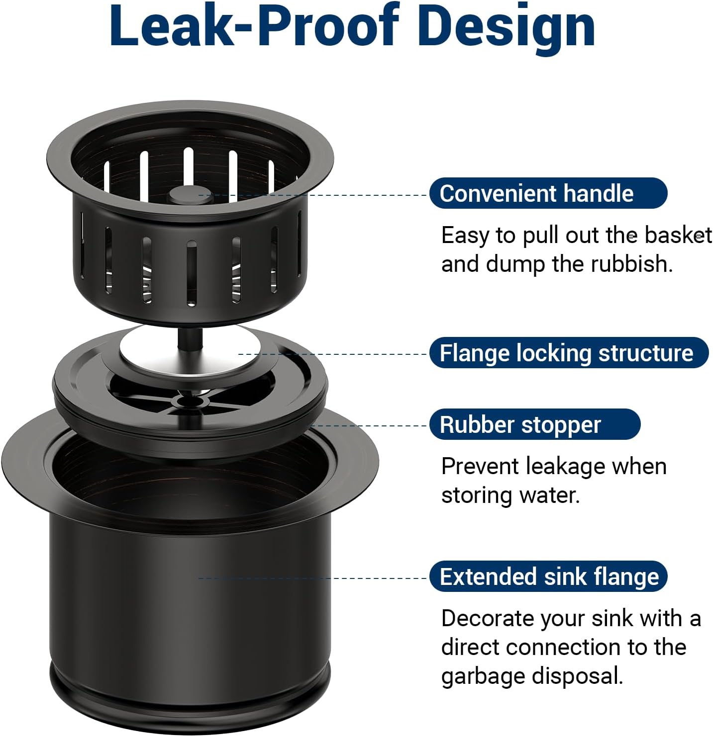 Kitchen Extended Garbage Disposal Flange Strainer Stainless Steel Assembly Kit with Basket Strainer and Drain Stopper for 3 1/2 Inch Standard Sink Drain, Deep Sink Flange for Disposer, ORB Brushed