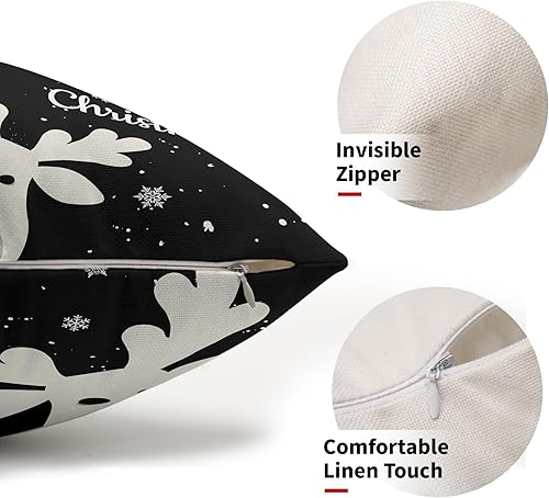 Miniatura 2 de Juego de 2 fundas de almohada lumbar de 12 x 20 pulgadas, diseño de reno de copo de nieve negro con diseño de ciervo de Navidad, para decoración del