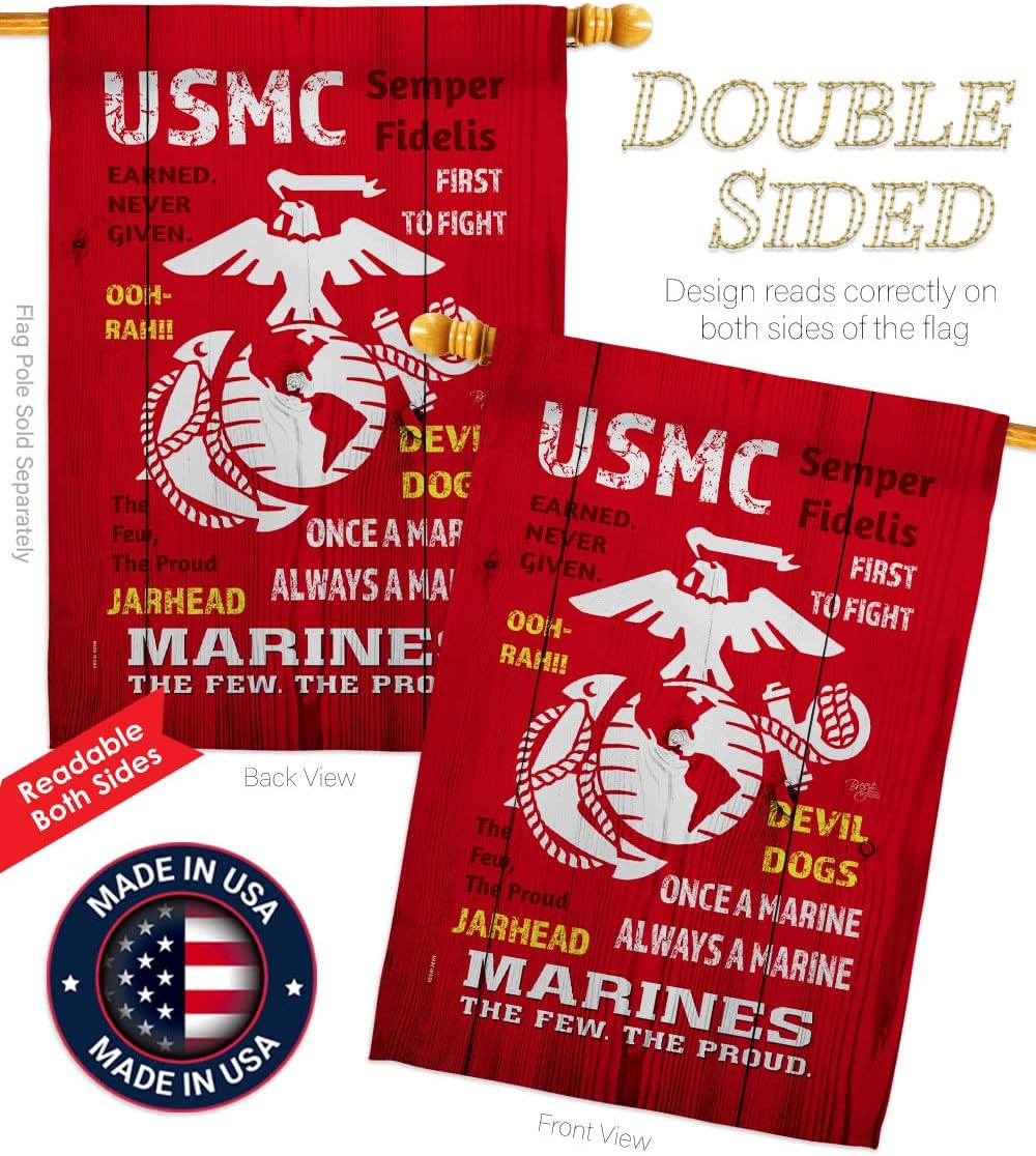 USMC Garden House Flag - Set Armed Forces Marine Corps Semper Fi United State American Military Veteran Retire Official - Decoration Banner Small Yard Gift Double-Sided Made in USA 28 X 40