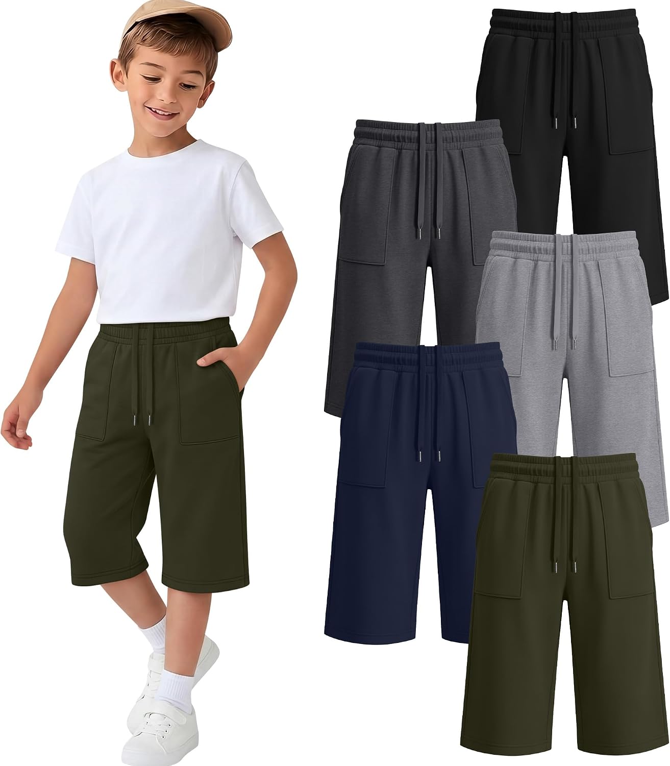 Halfchet 5 Pack Boys' Capri Pants Straight Leg Below Knee Shorts Drawstring Elastic Waist Casual 3/4 Sweatpants with Pockets(10-11 Years,Army Green, Navy Blue, Light Gray, Dark Gray, Black)