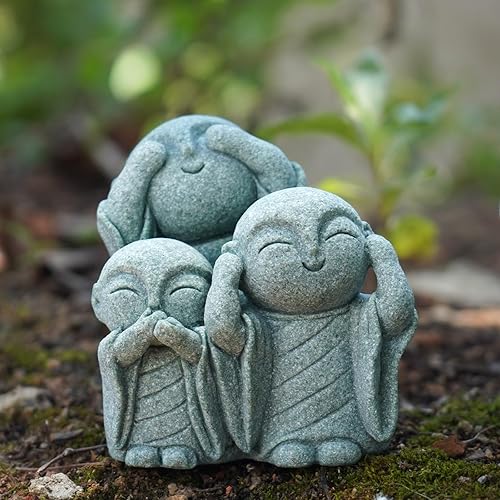 Miniatura 14 de OwMell Estatua japonesa del monje de Jizo, figura de Buda Jizo, estatua conmemorativa del acuario – Sonriente