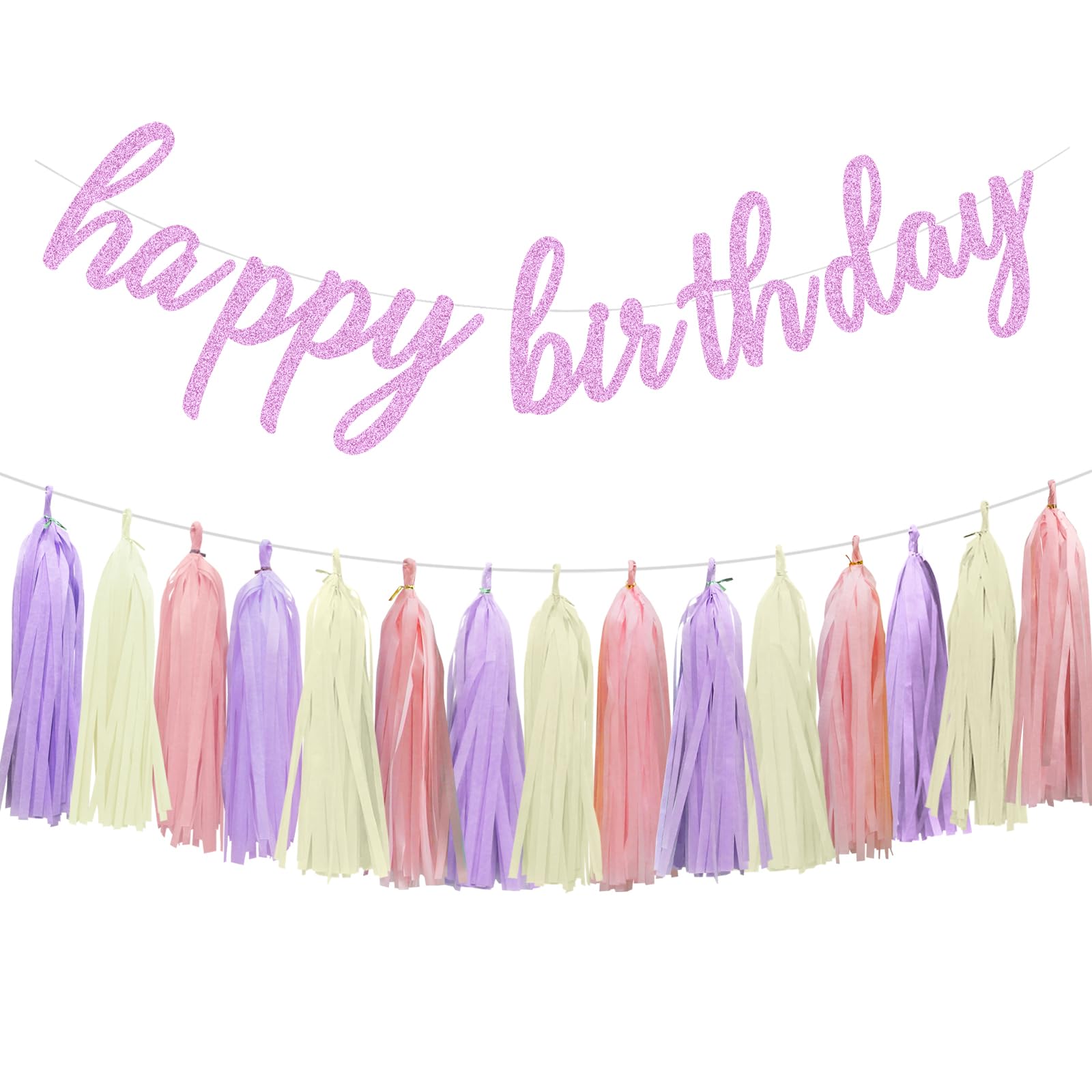 Happy Birthday Decorations - Pre-Strung Pink Light Purple Happy Birthday Banner and Paper Tassel Garland for Women Girls Birthday Party Decorations