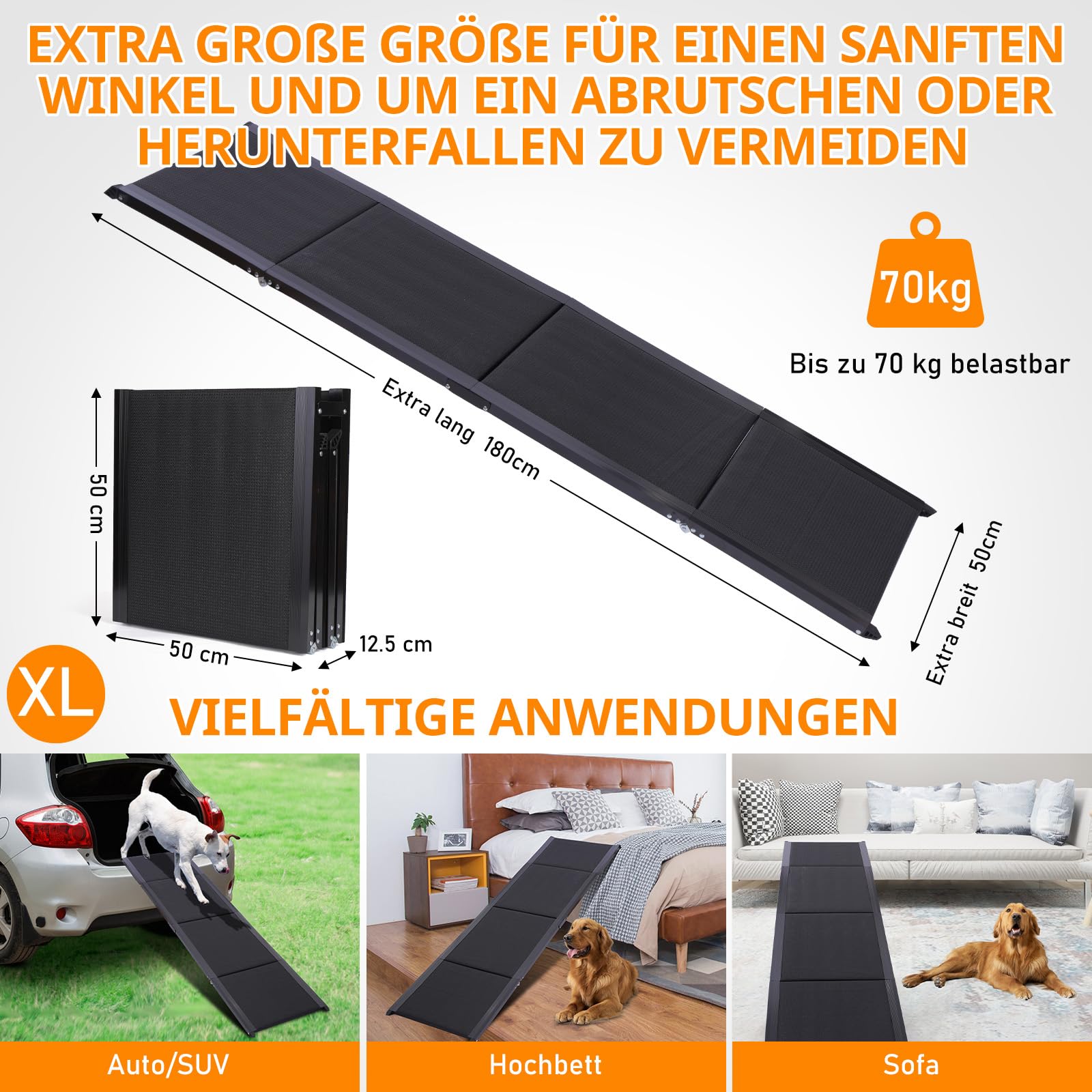 180×50cm Hunderampe Auto Klappbar, Anti-Rutsch Hunderampe für große Hunde, Leicht Aluminium Haustierrampe für Autos und SUV