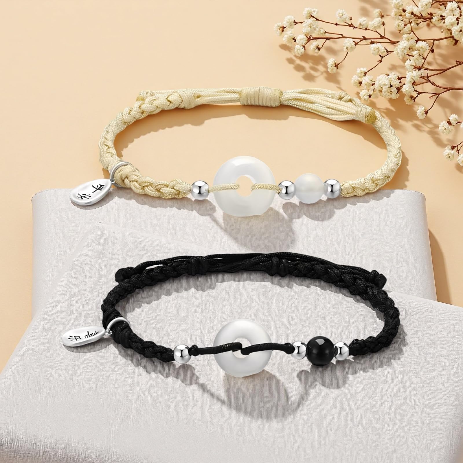 2 Stk. Sterling Silber Armband Set, Partnerarmbänder, verstellbares Band, Sicherheitsverschluss, geflochtenes Seil in Beige und Schwarz, Geschenk zum Jahrestag, Valentinstag für die Freundin