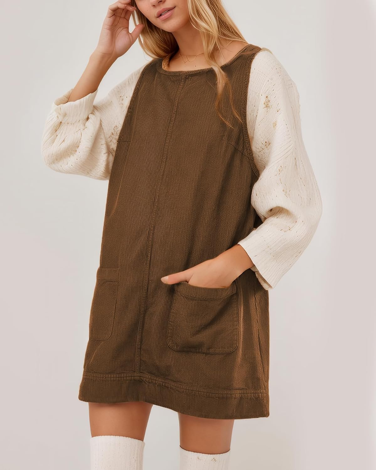 Kedera Women's Corduroy Overall Dress Scoop Neck A Line Pinafore Mini Dress Skirtall Jumper Dress with Pockets - Image 3