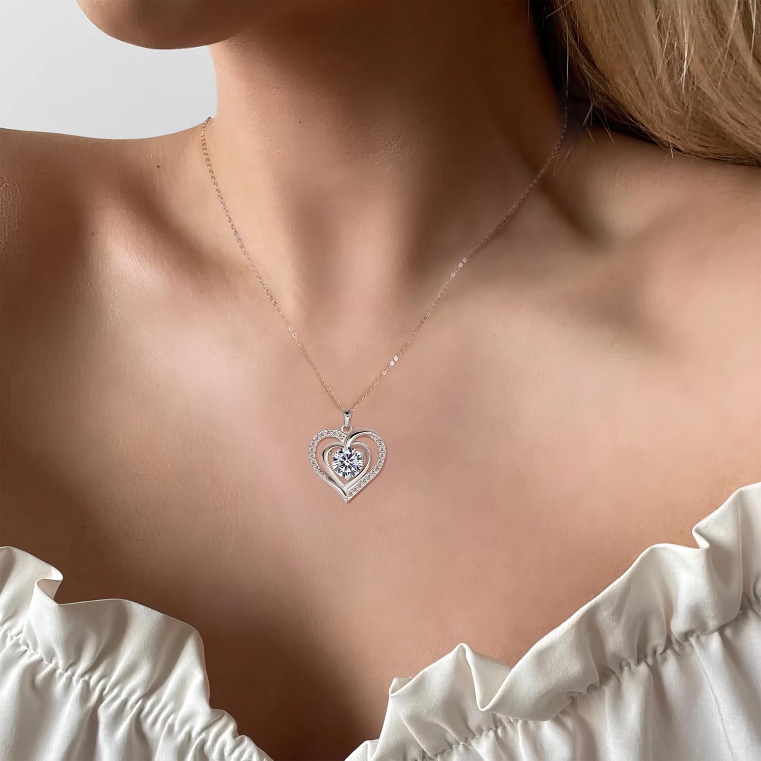 QUEENOU Moissanite Heart Pendant Necklace Gifts for Women, 1Carat Moissanite Heart Pendent, 925 Sterling Silver with White Gold plated Necklace, Jewelry Eternity Gifts for Christmas Valentines Day - Image 4