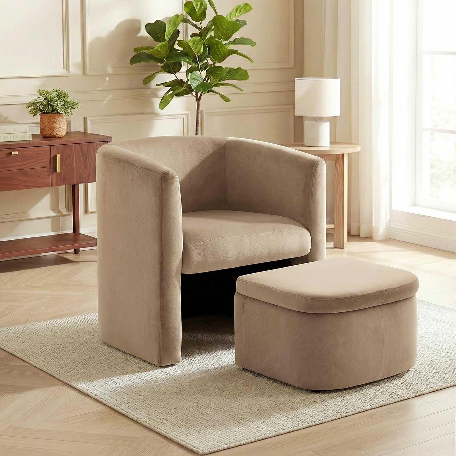 COLAMY Upholstered Velvet Barrel Accent Chair with Storage Ottoman, Morden Living Room Chair with Lounge Seat for Bedroom/Reading Spaces, Khaki