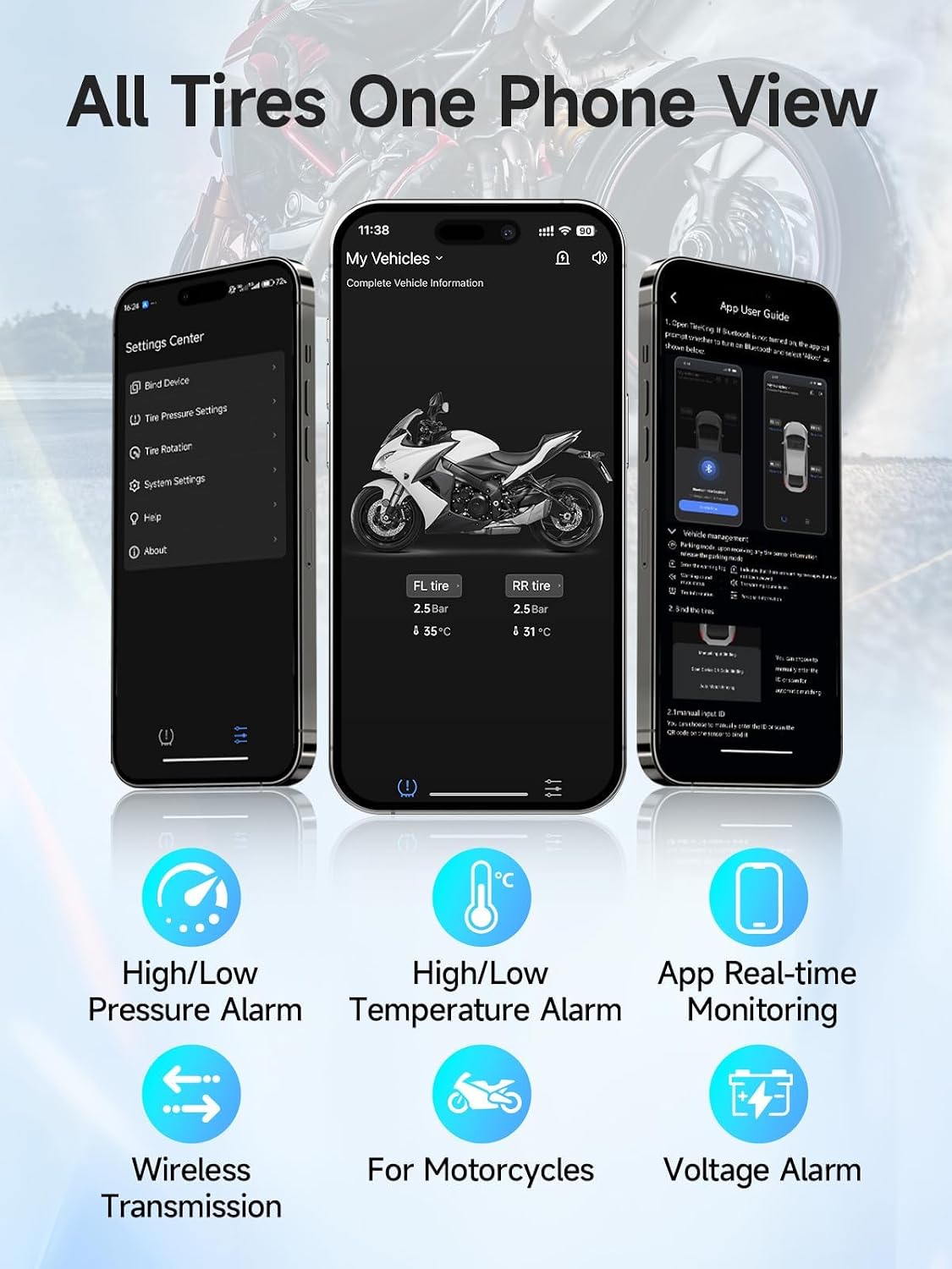 Moman Motorcycle Tire Pressure Monitoring System TPMS Sensors Set of 2